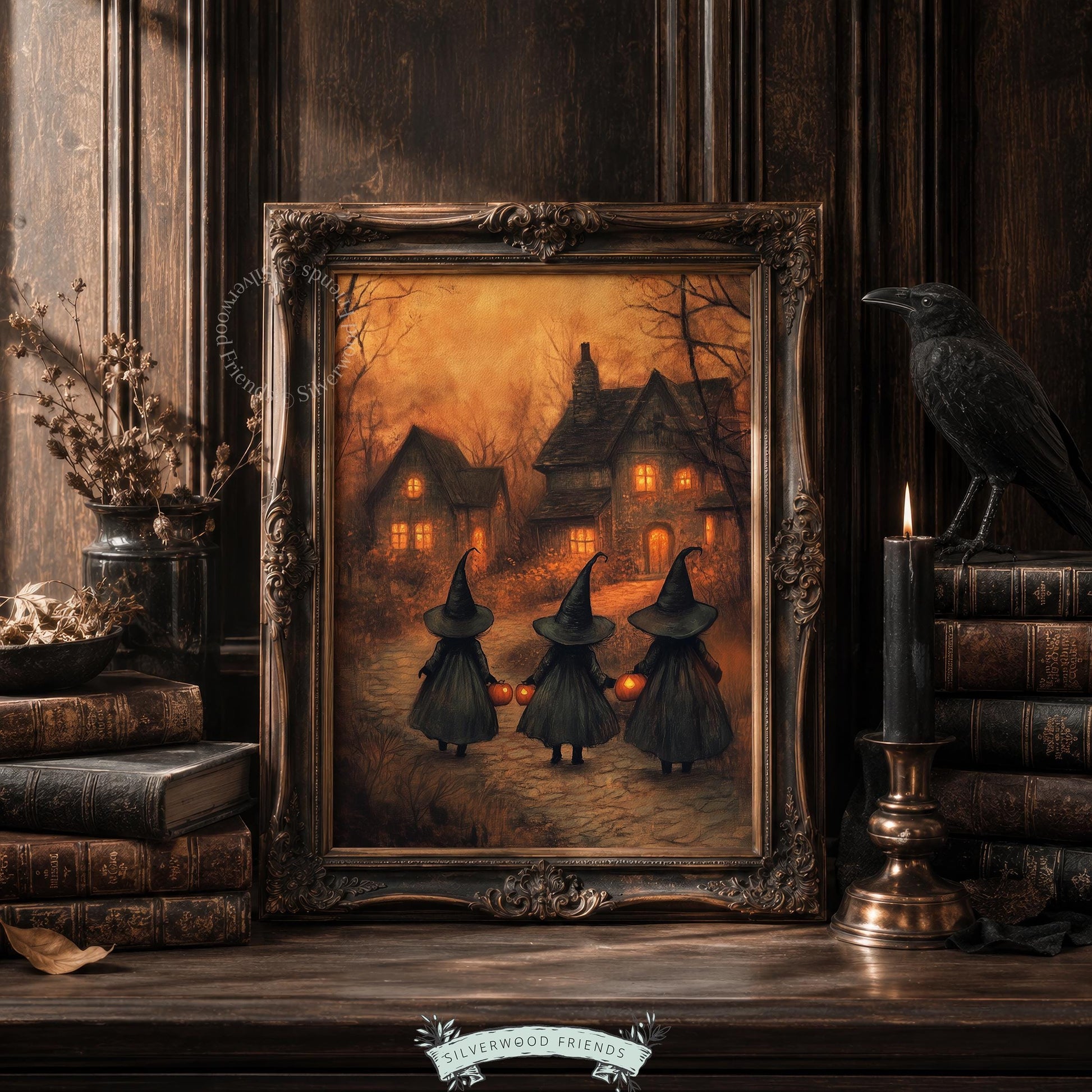 Cottage window glow witches poster for library — dark fall wall art featuring jack-o-lanterns and moody dusk atmosphere