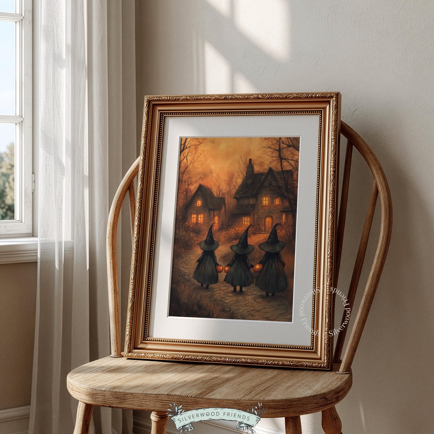 Three witches jack-o-lantern printable art for bedroom — vintage Halloween wall art with moody amber glow and cottage aesthetic