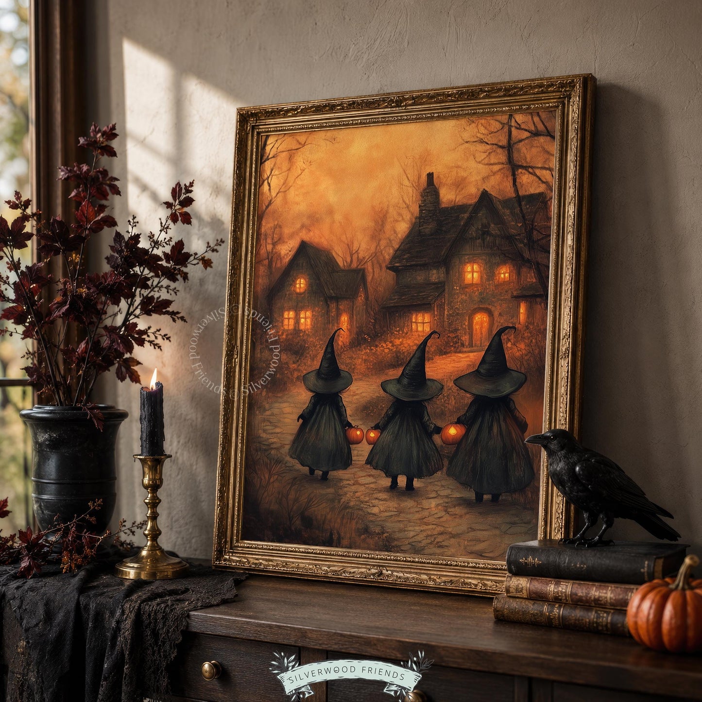 Spooky cottage pathway poster for office — vintage autumn printable with three witches and amber-toned atmospheric mood