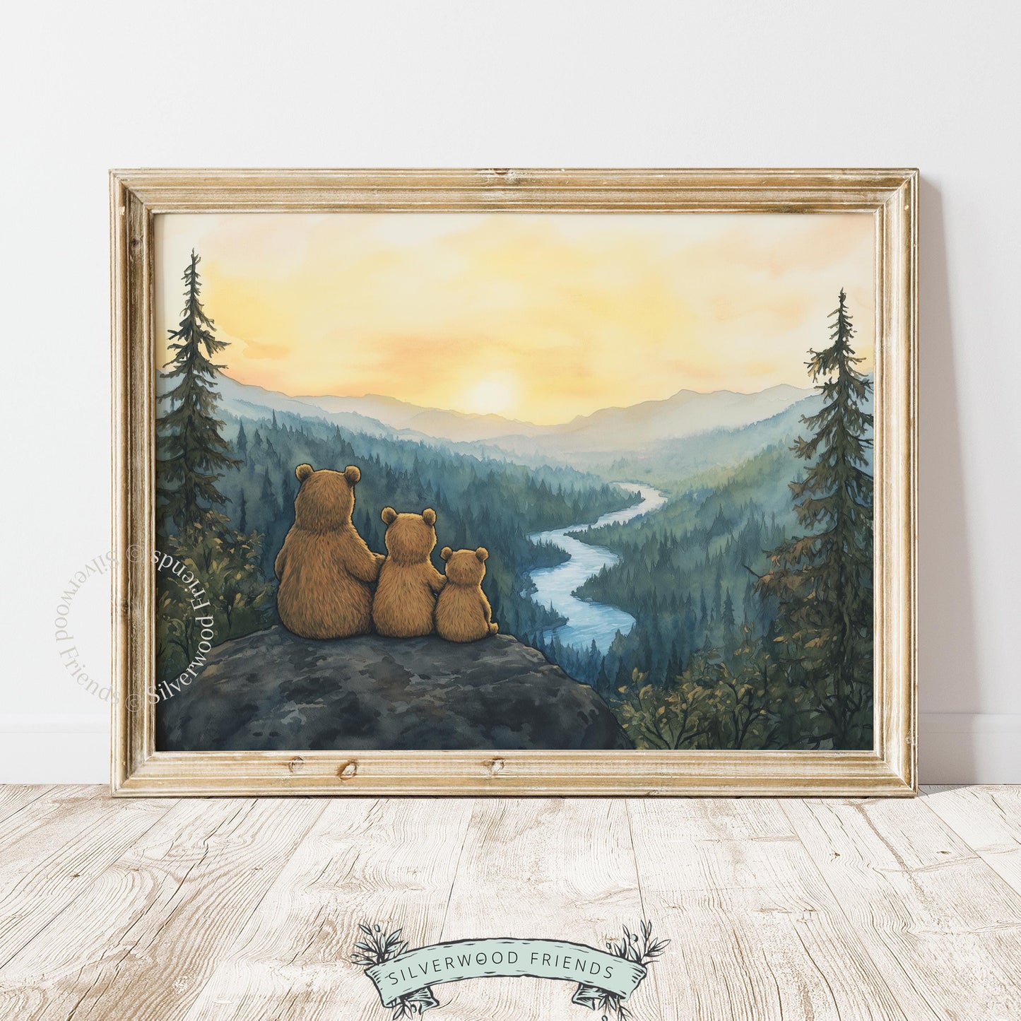 Wildlife printable art featuring bears — family scene with sweeping mountain and river landscape