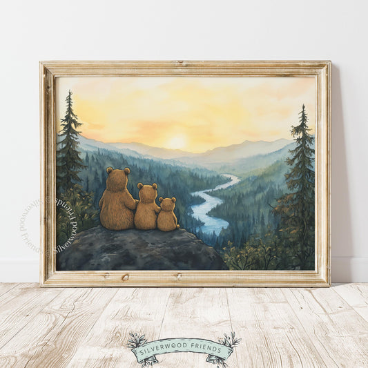 Wildlife printable art featuring bears — family scene with sweeping mountain and river landscape