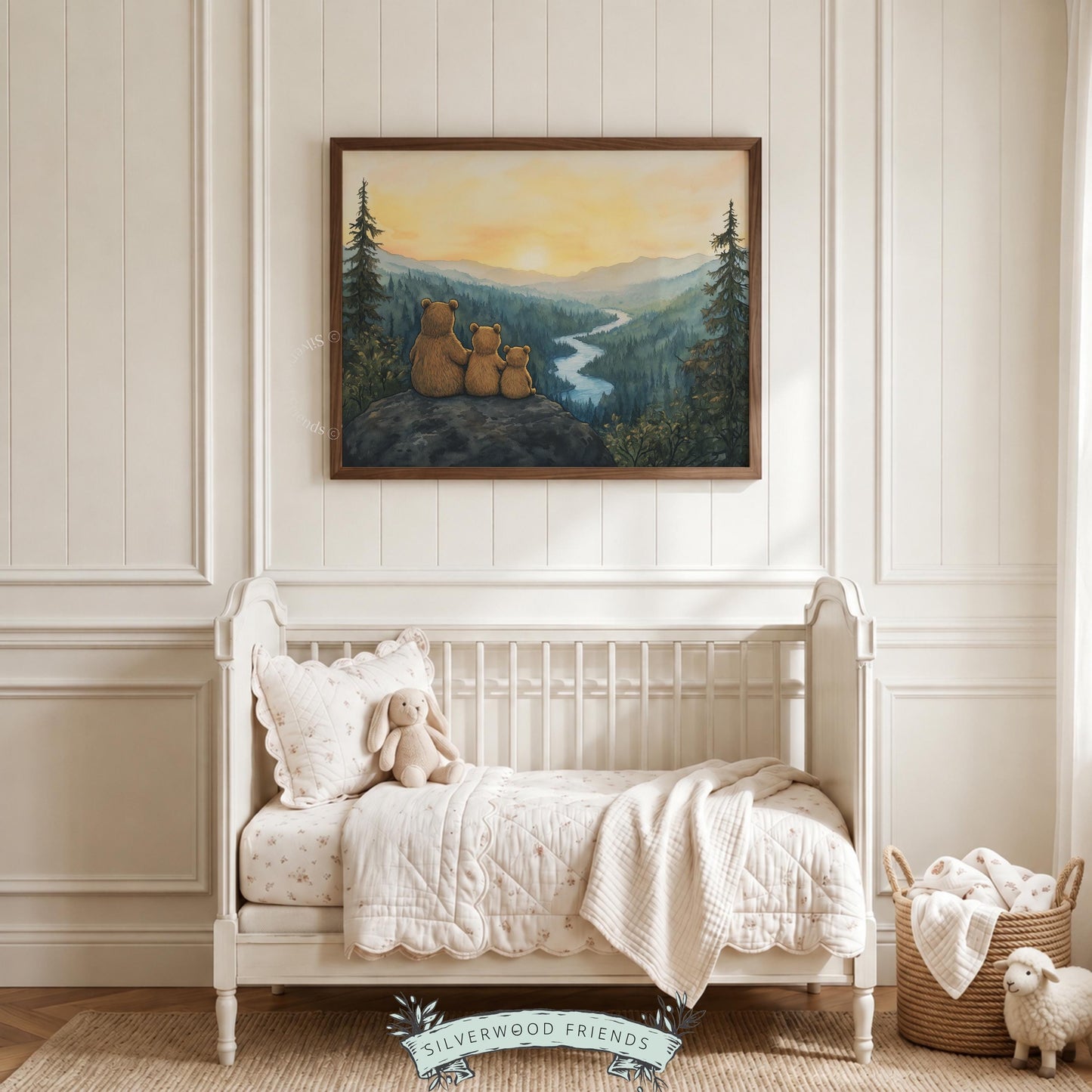 Mountain valley picture with bear family for nursery — calming woodland artwork with forest charm
