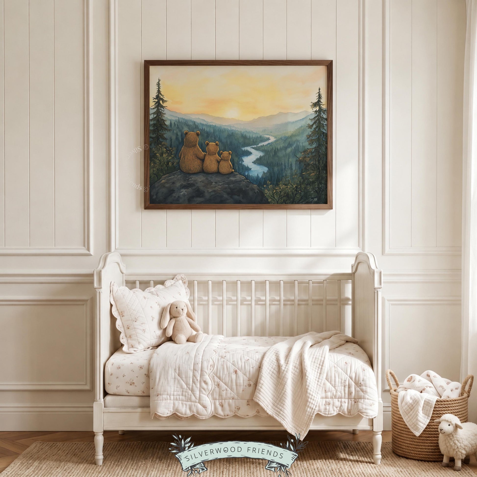 Mountain valley picture with bear family for nursery — calming woodland artwork with forest charm