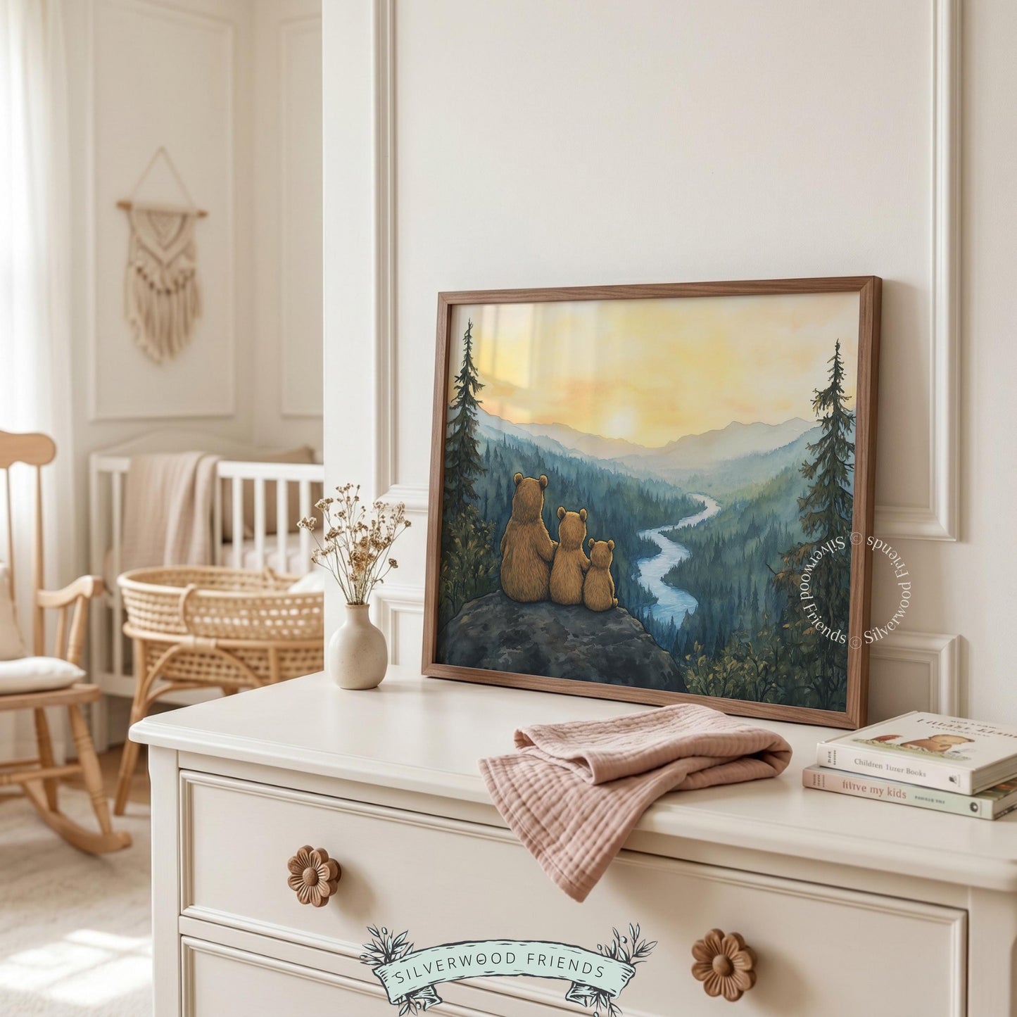 Mama bear and cubs printable art for nursery — peaceful woodland scene with mountain sunset