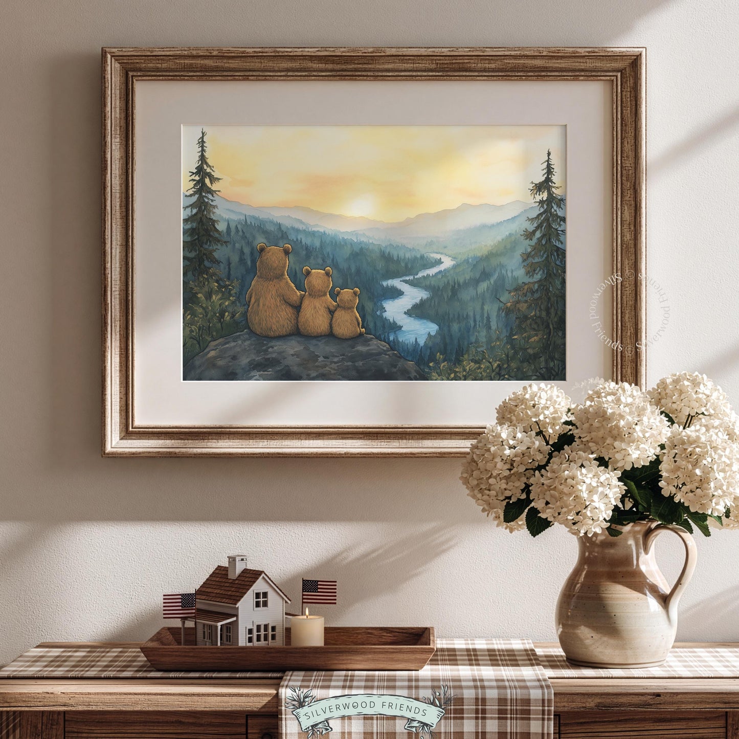 Three bears gazing at mountains wall art for child's bedroom — soft woodland aesthetic