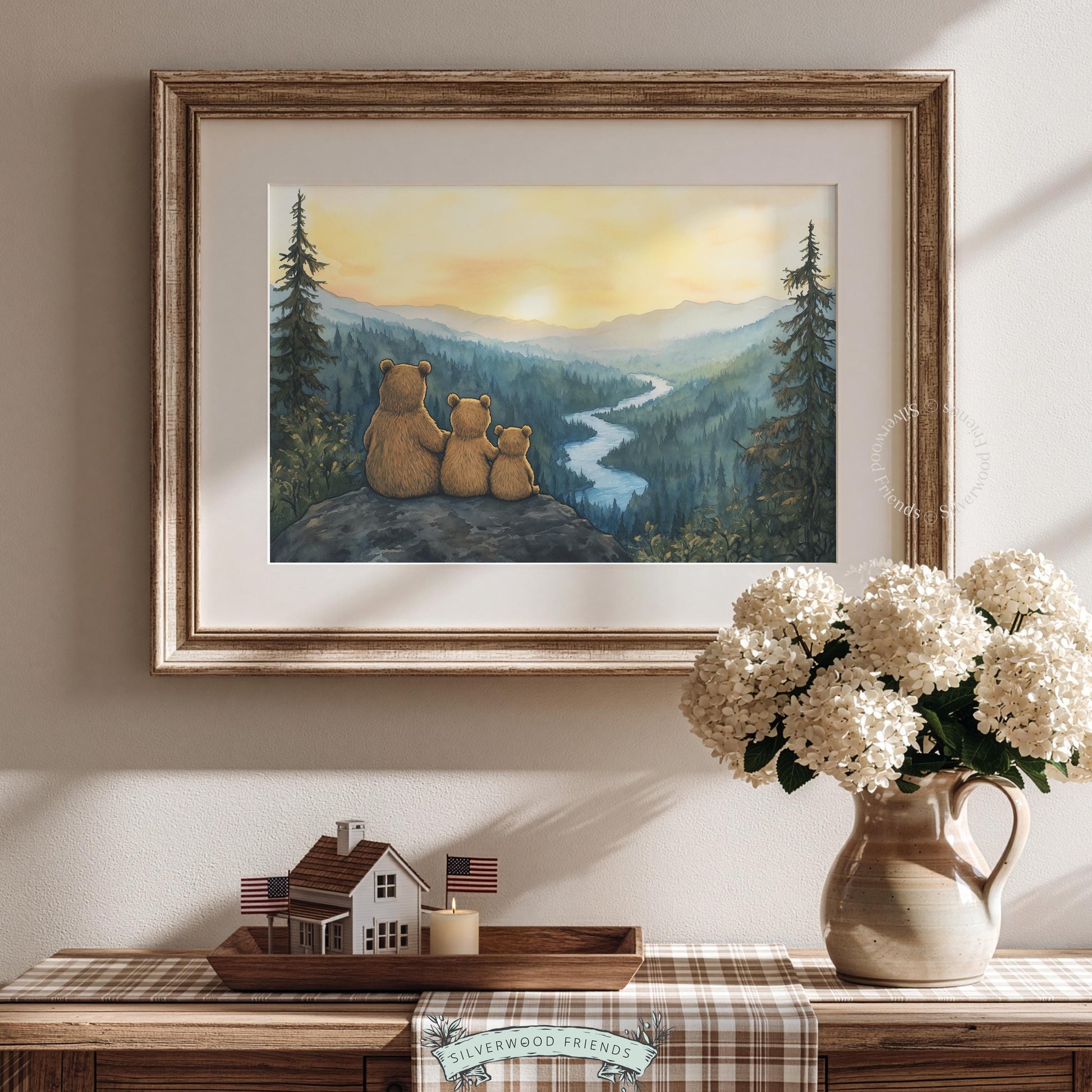 Three bears gazing at mountains wall art for child's bedroom — soft woodland aesthetic