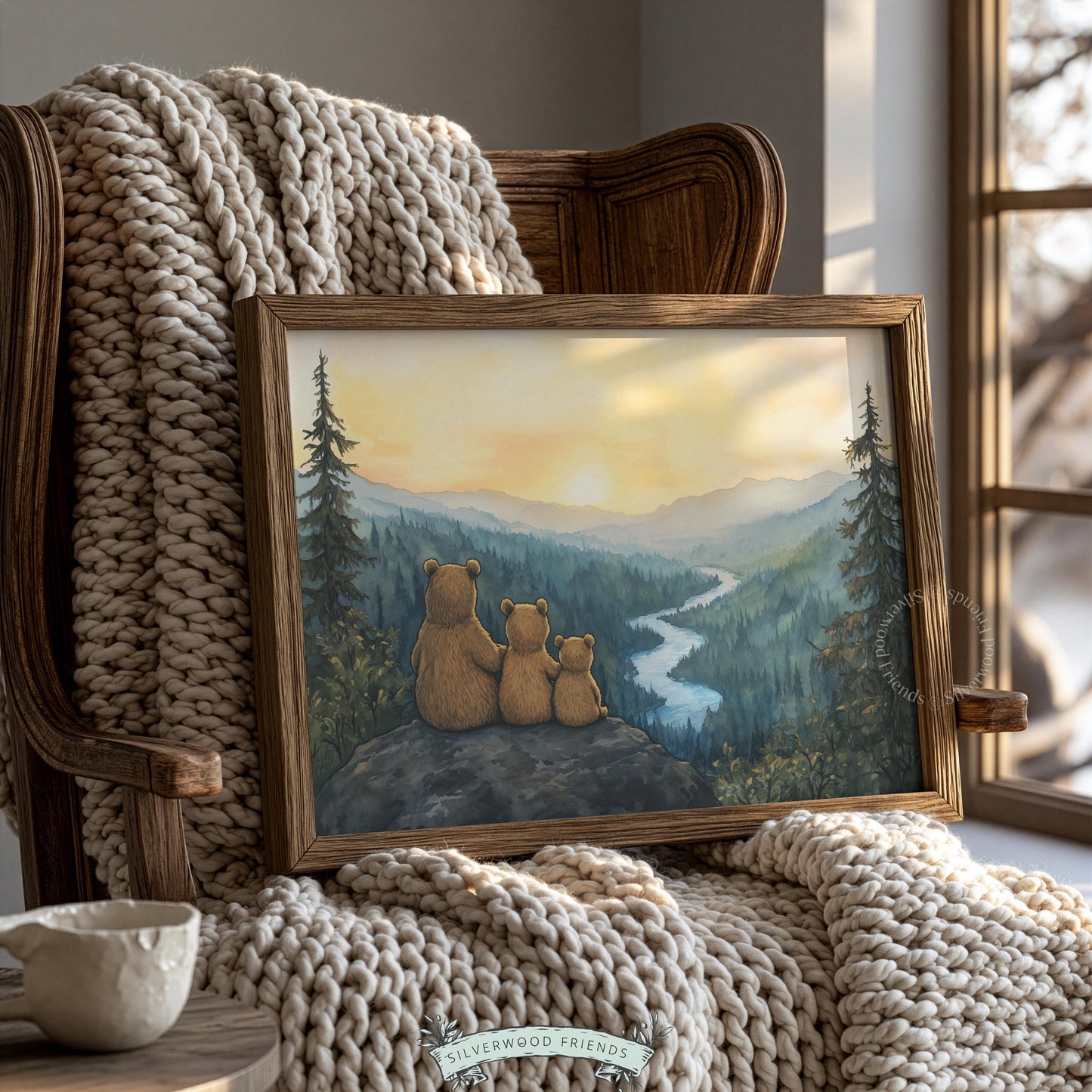 Cozy bear family wall art for nursery — watercolor woodland scene with valley backdrop