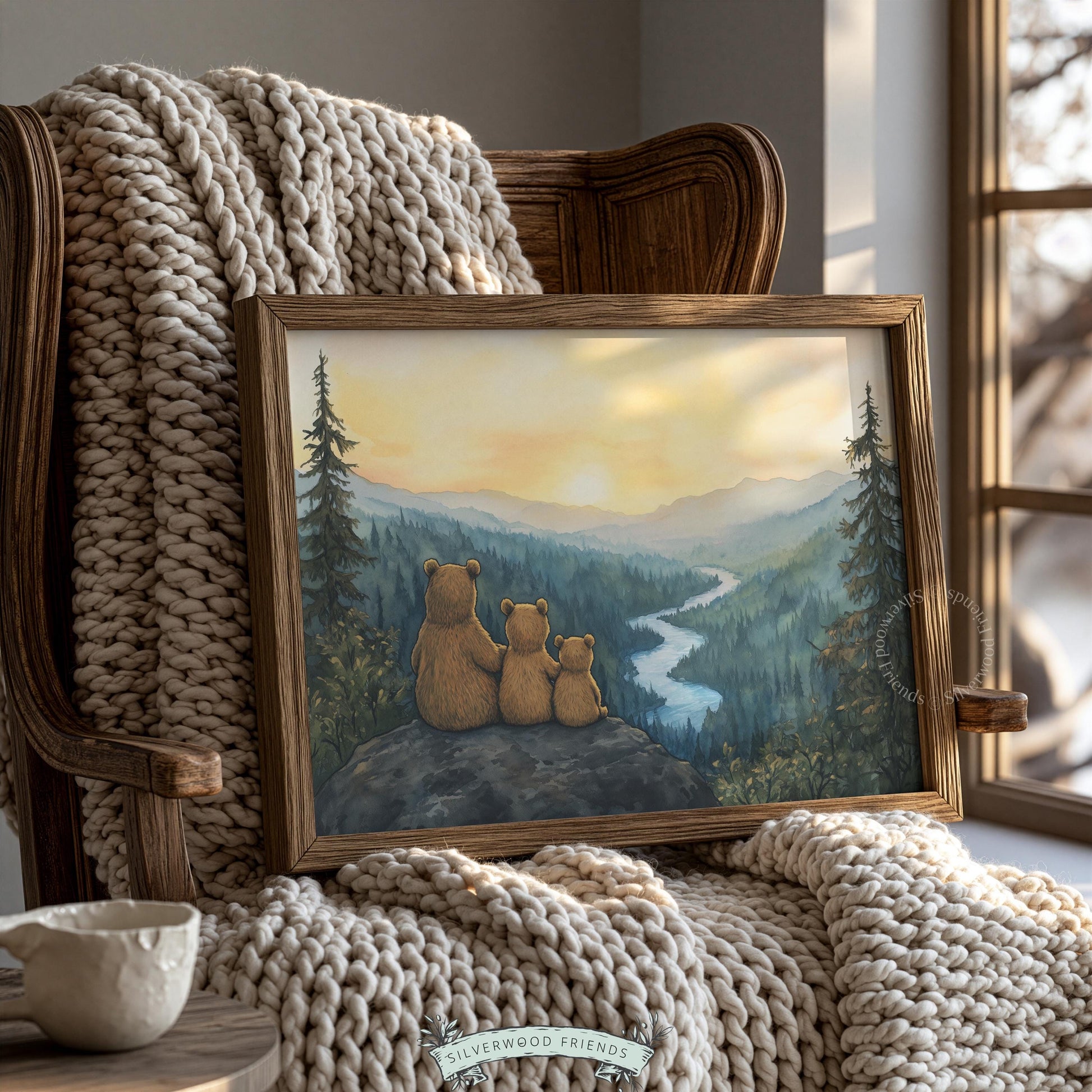 Cozy bear family wall art for nursery — watercolor woodland scene with valley backdrop