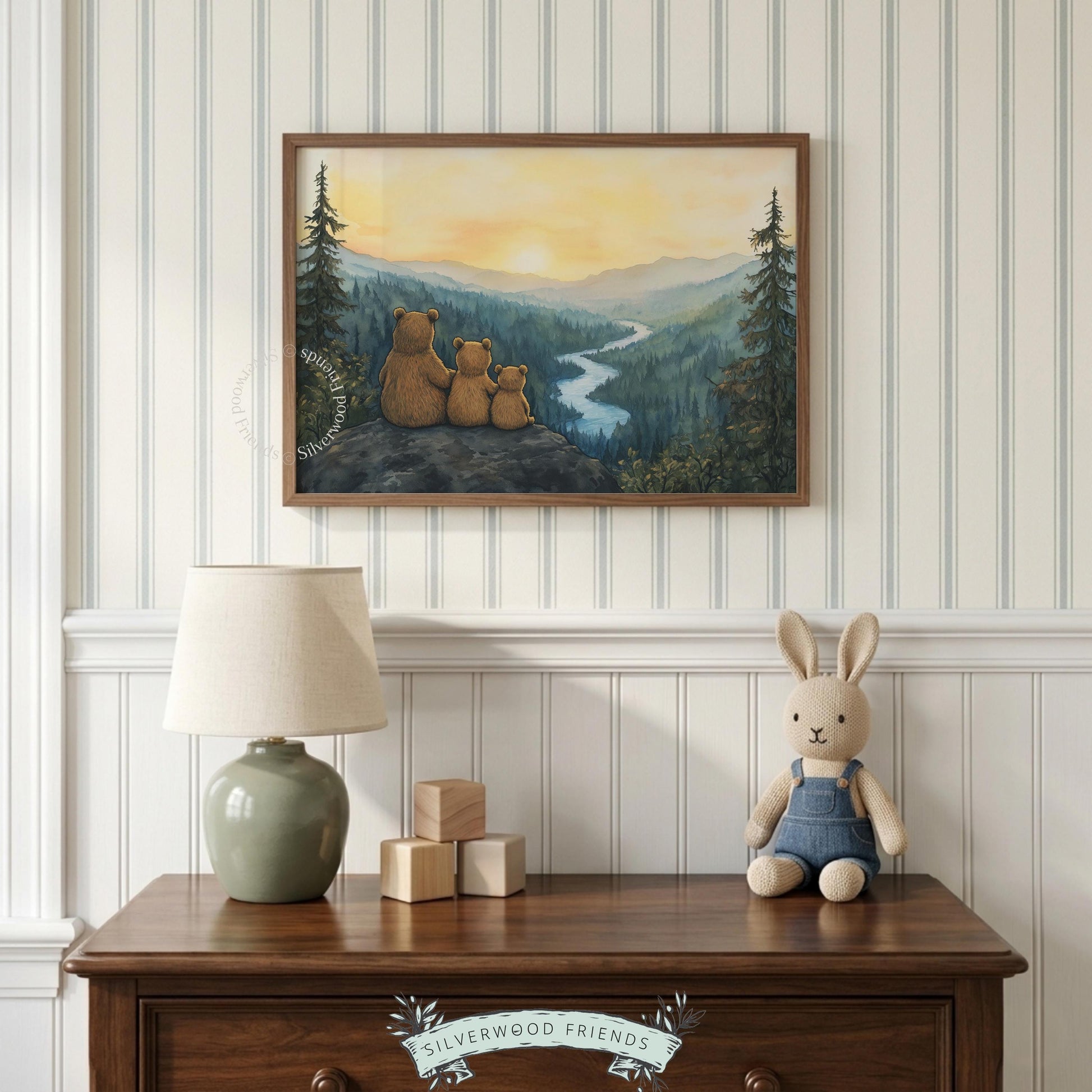 Forest creatures poster for baby room — mama and cubs on rocky overlook at dusk