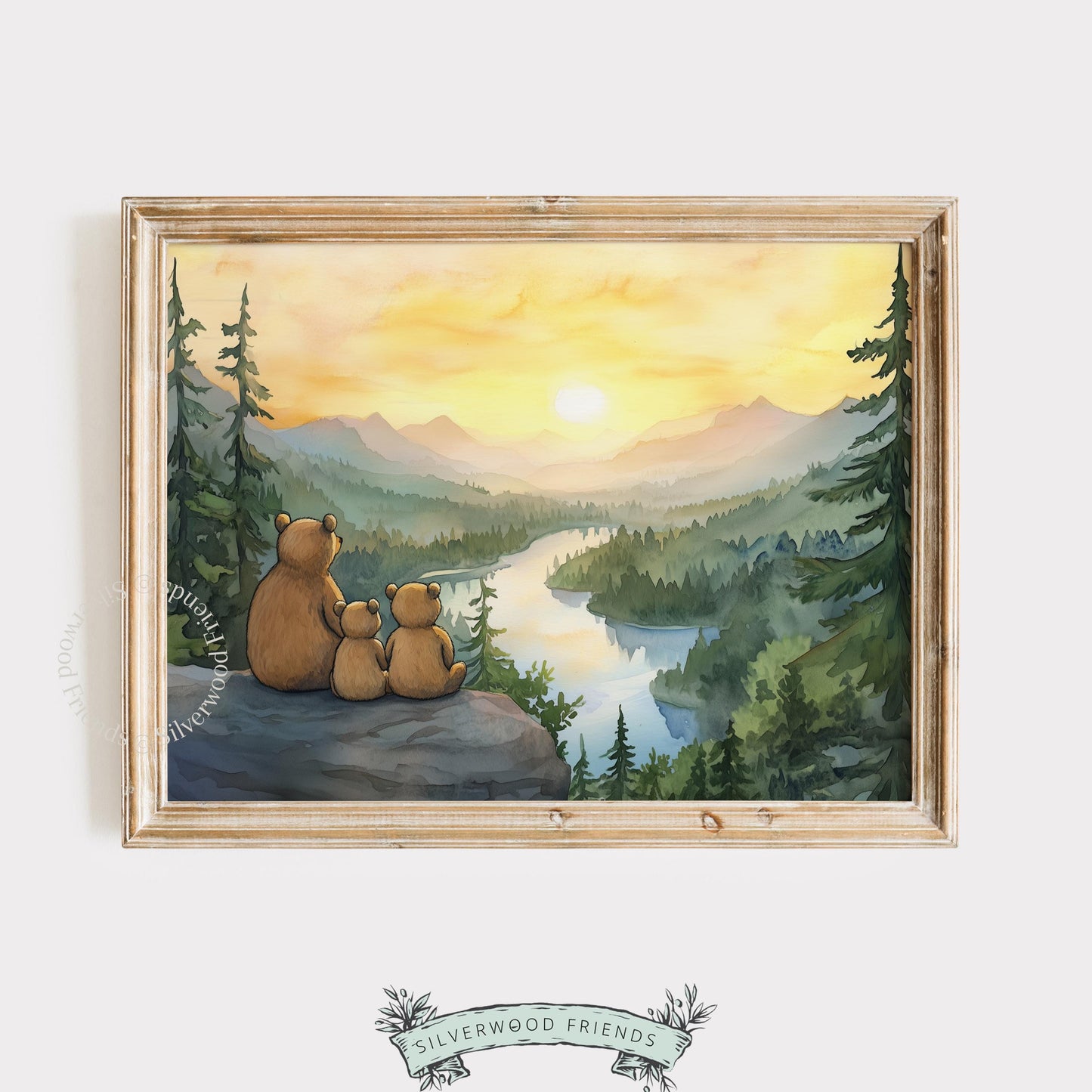 Soothing forest scene wall art for baby — mama and baby bears on hilltop rock, glowing sunset landscape painting