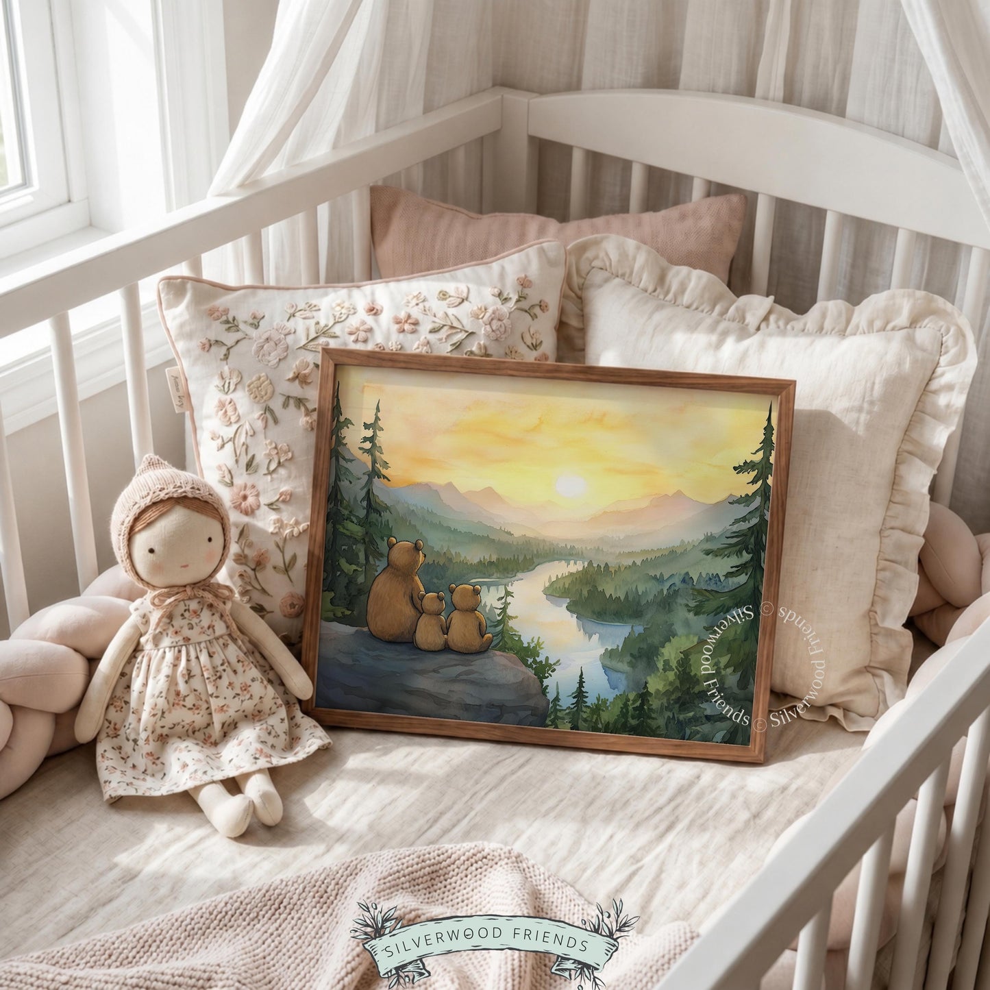Mountain river landscape poster — mama bear with offspring on scenic overlook, watercolor style, nursery art