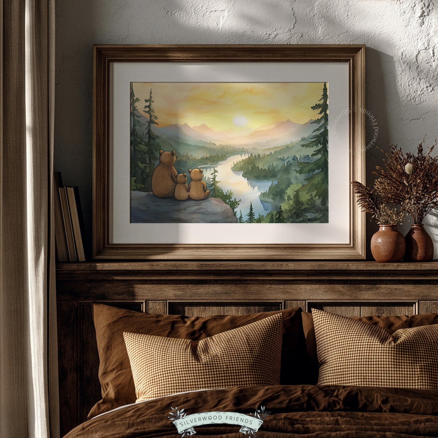 Forest family wall art digital download — peaceful bear scene with evergreen canopy and shimmering valley stream