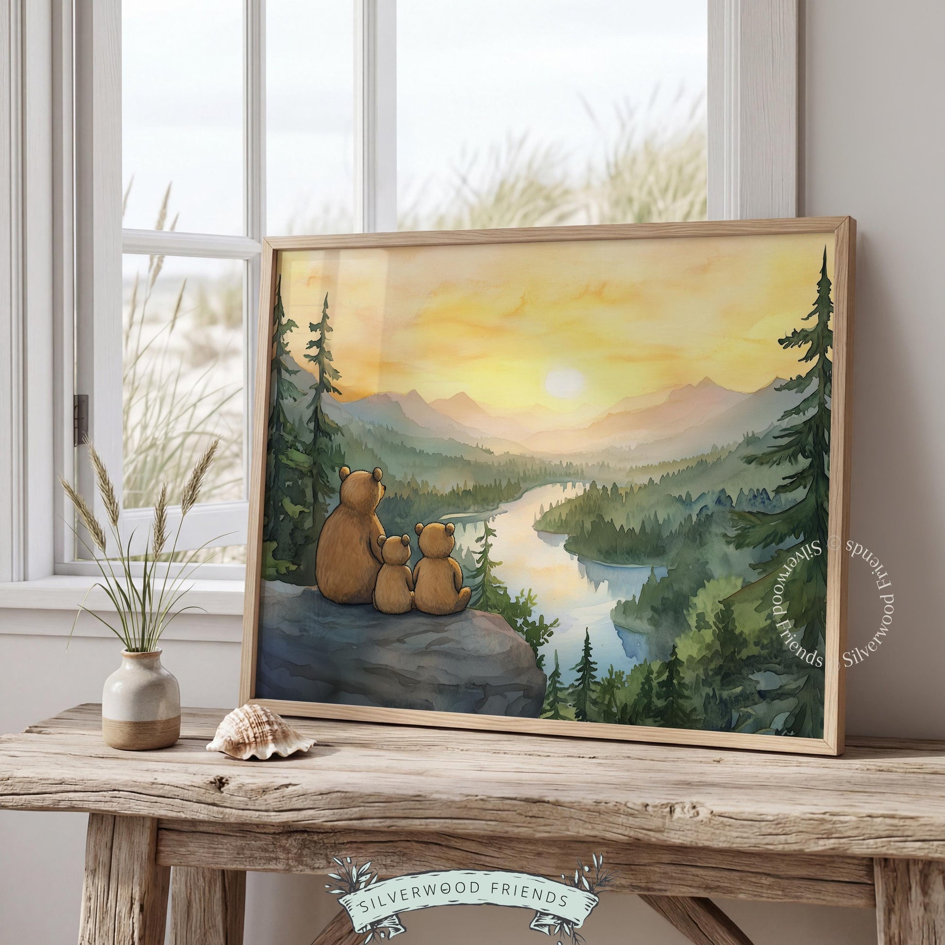 Alpine forest painting wall art for baby space — warm golden sky, river reflection, and protective bear family scene