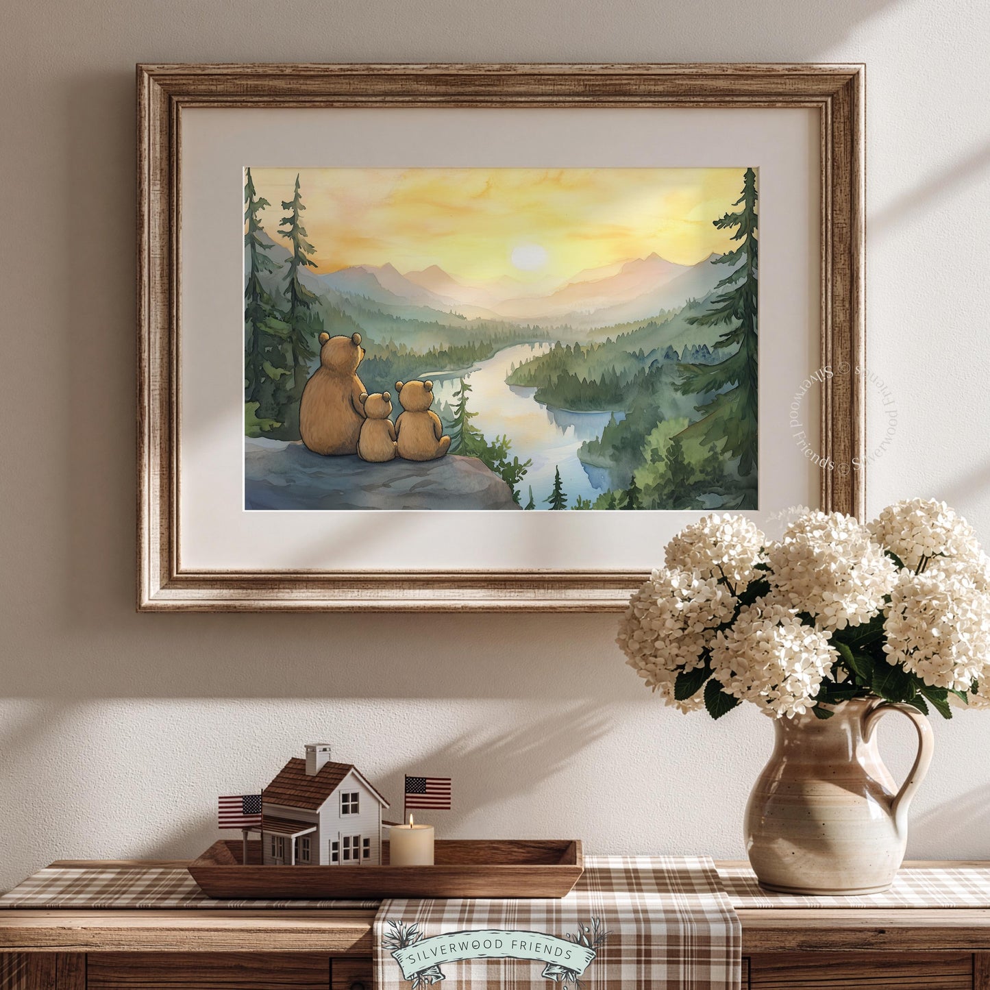 Nature animal poster printable for nursery — intimate bear family portrait with serene mountain river backdrop