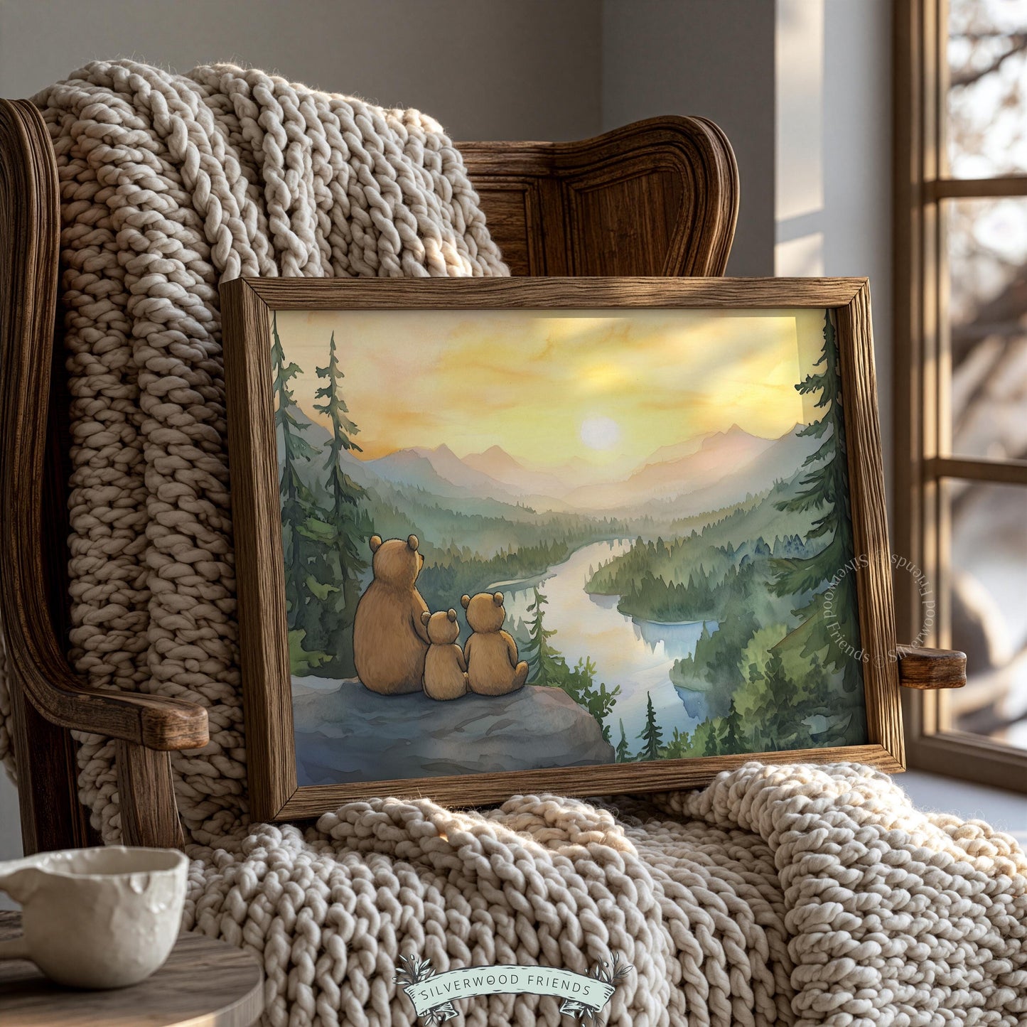 Wildlife mother and offspring picture for baby nursery — soft storybook style with warm sunset glow and evergreen trees