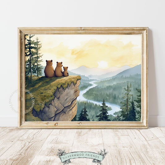 Woodland bears landscape poster for nursery — warm watercolor with winding river and distant forested mountains