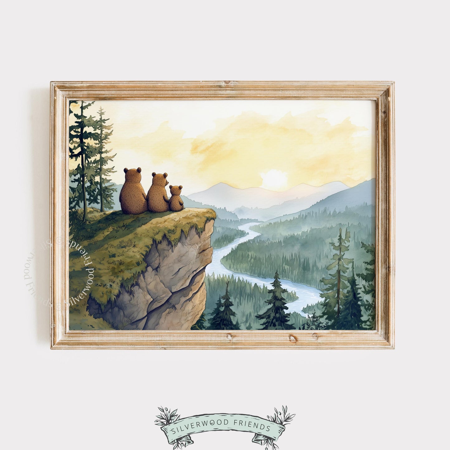 Bears on overlook digital artwork for forest nursery — peaceful nature-inspired print with misty mountain backdrop