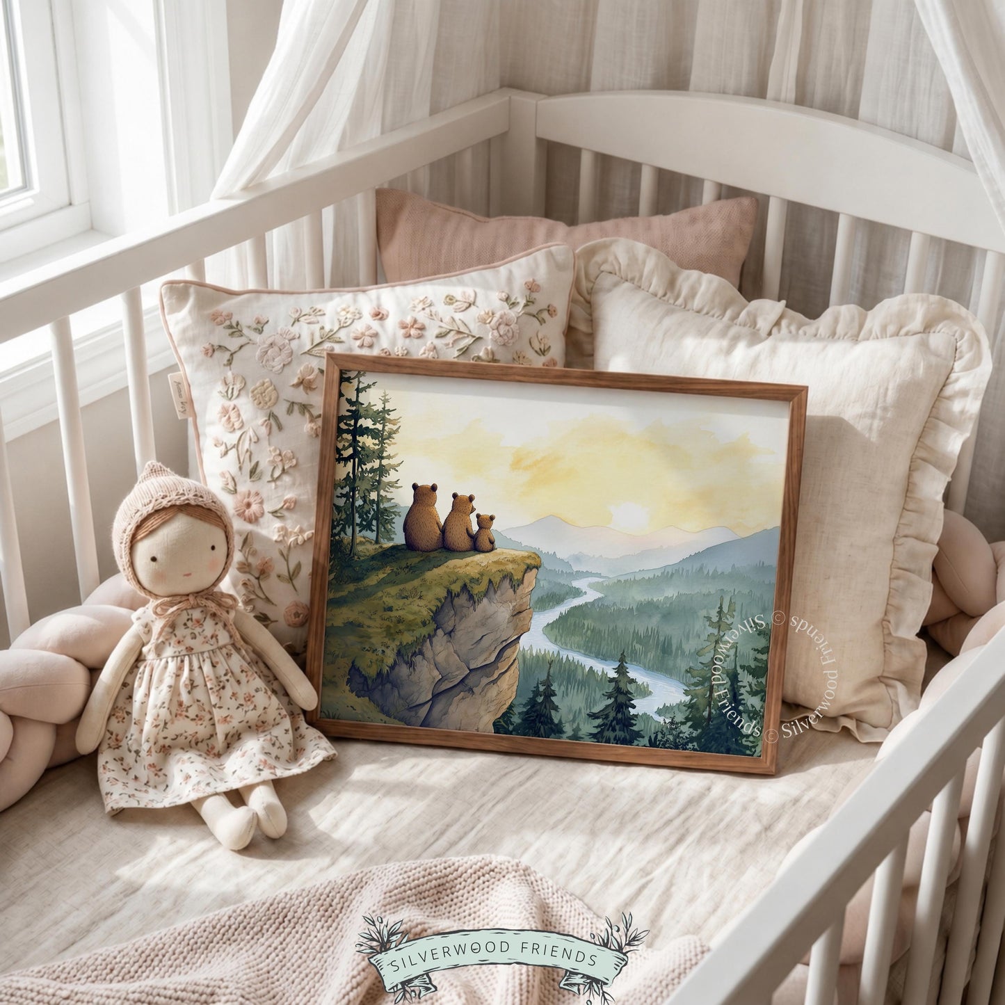 Woodland creature wall picture for nursery — warm and tranquil bears overlooking sweeping natural valley