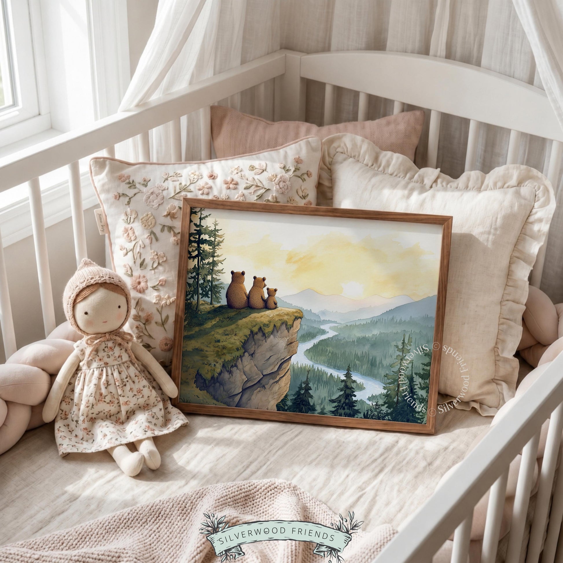 Woodland creature wall picture for nursery — warm and tranquil bears overlooking sweeping natural valley