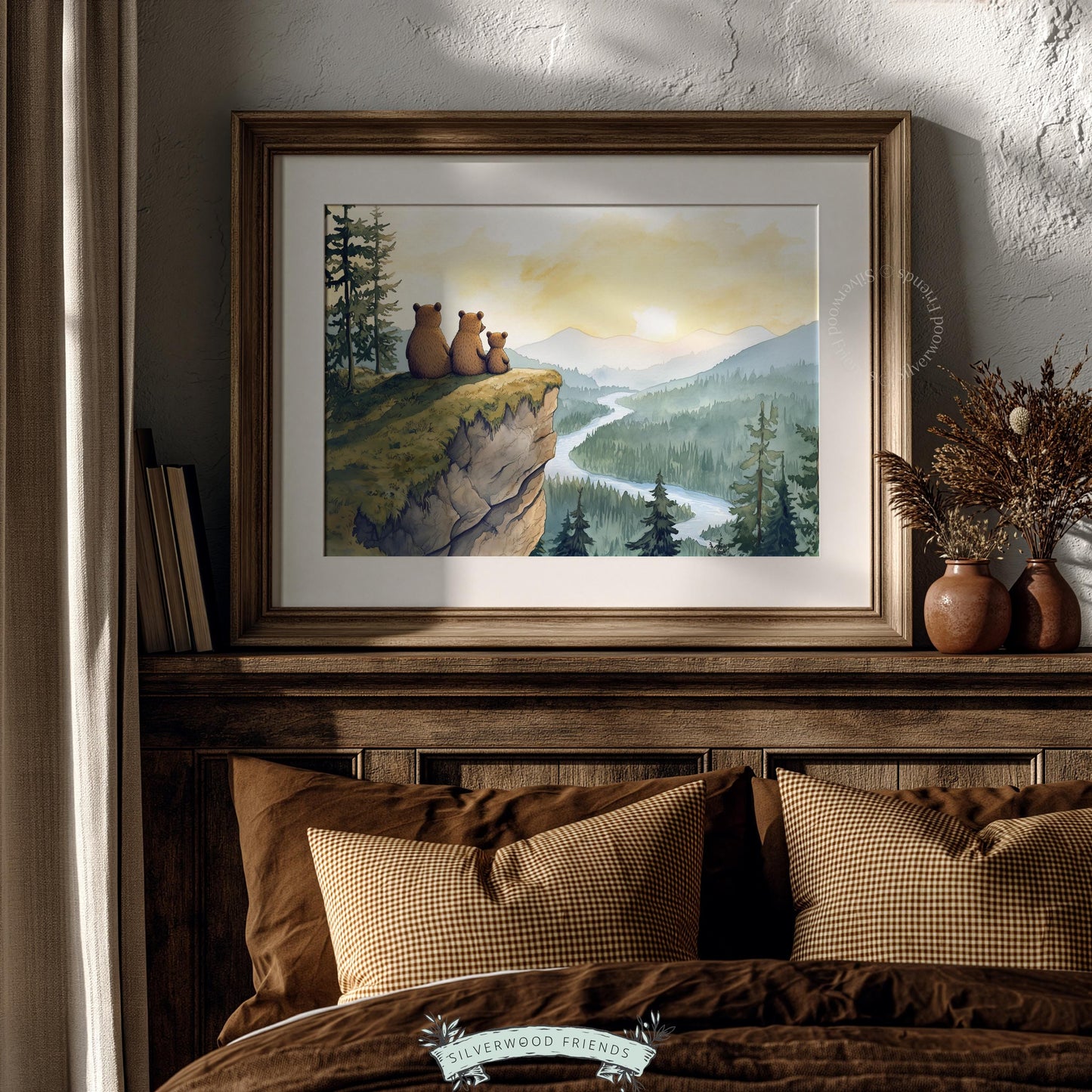 Alpine landscape poster with bears for nursery — soft watercolor palette with serene forest and river scene