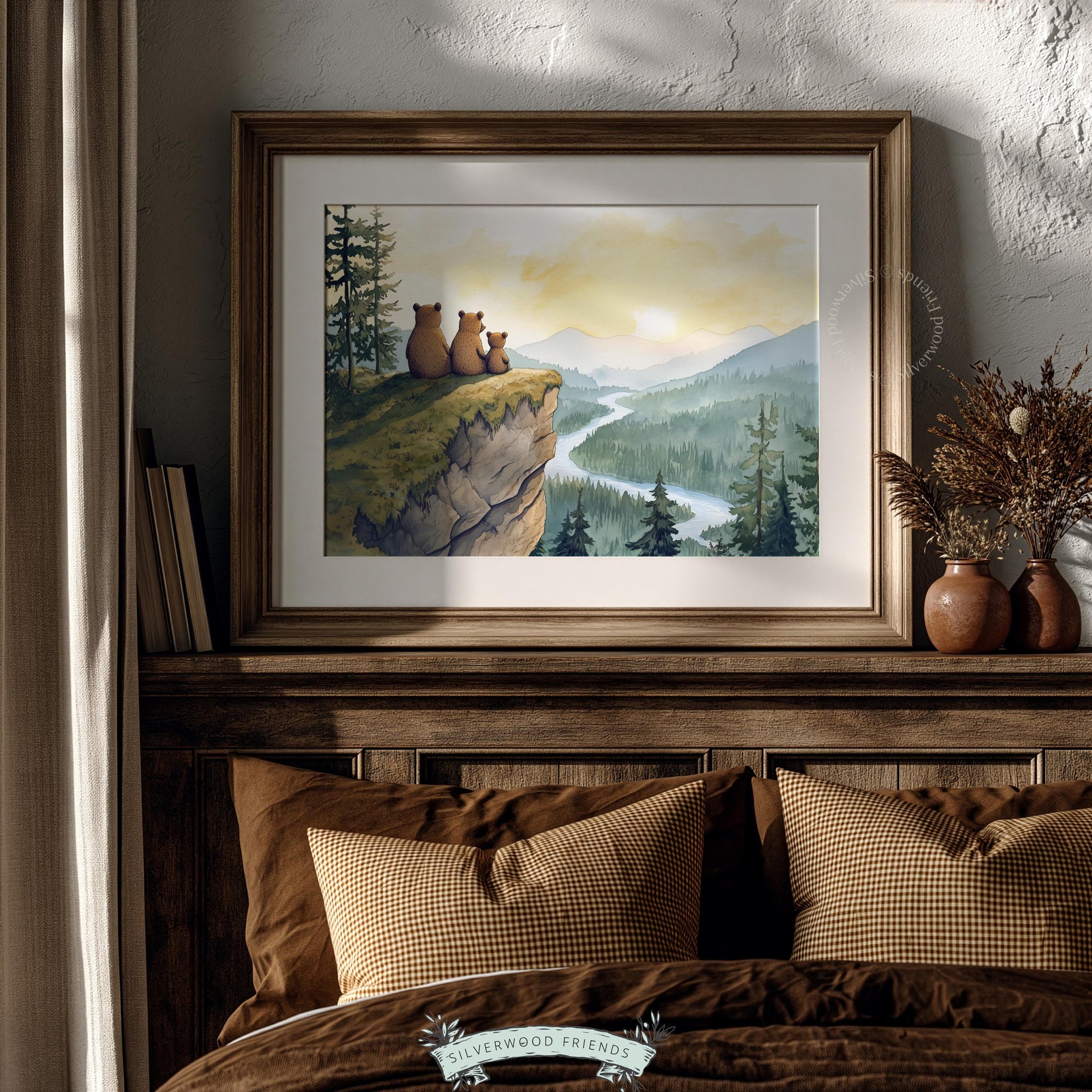 Alpine landscape poster with bears for nursery — soft watercolor palette with serene forest and river scene