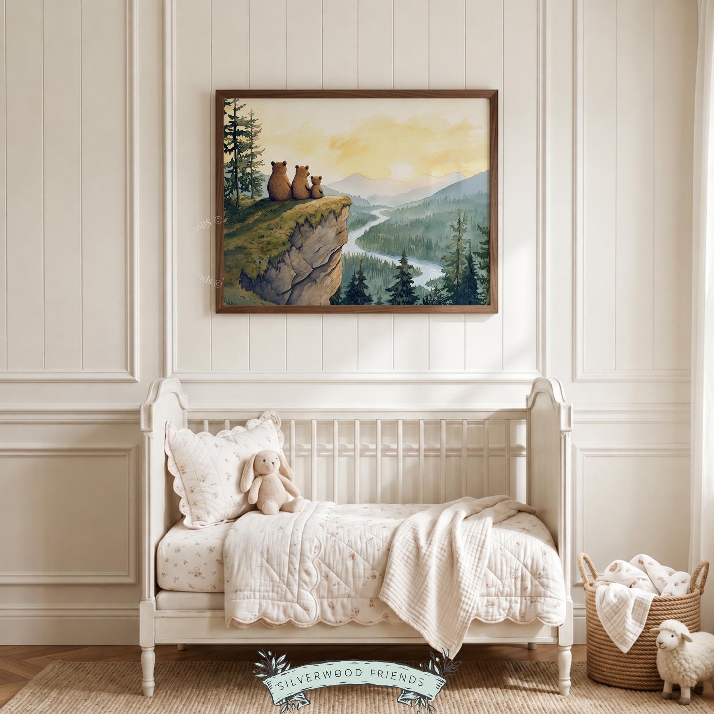 Forest animals digital print for baby room — peaceful nature artwork featuring bears on rocky outcrop