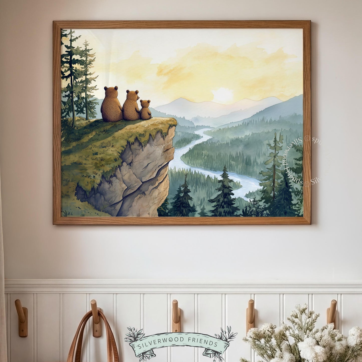 Mountain river landscape printable art for baby room — bears on cliff with misty peaks and evergreen forest