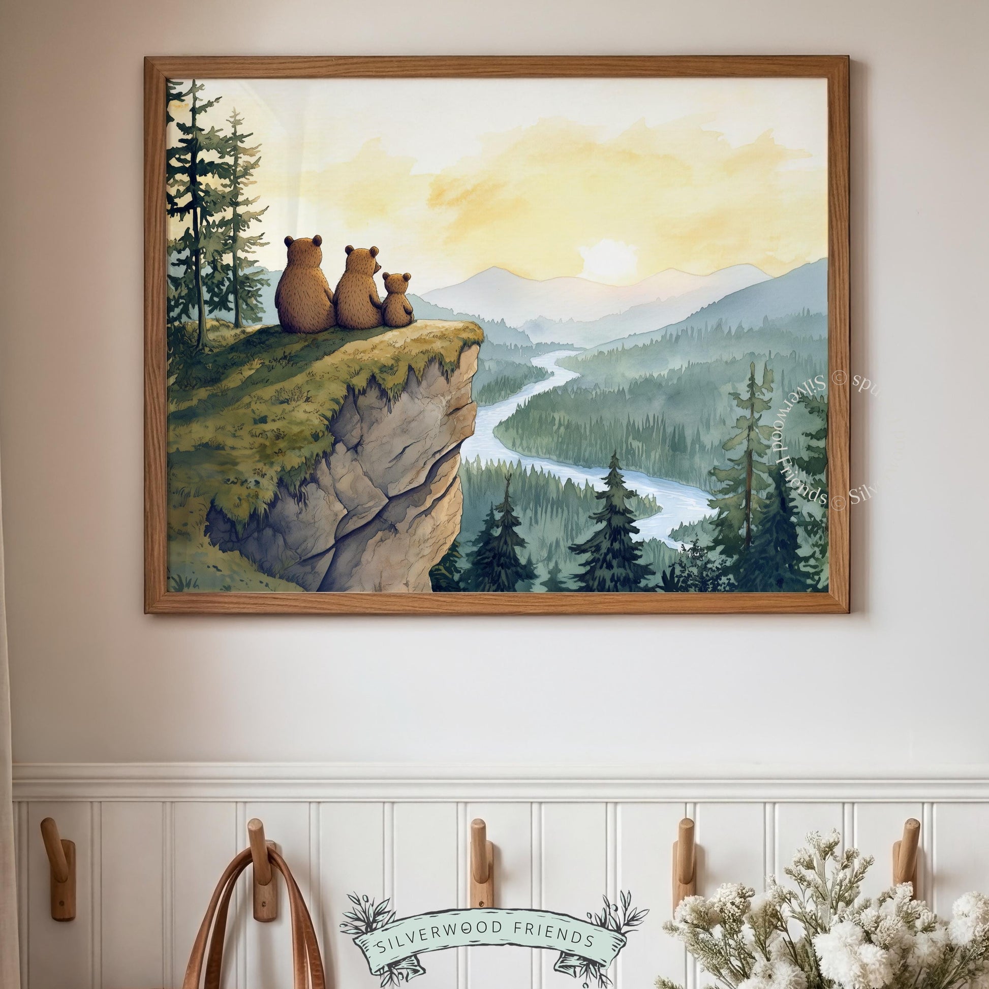 Mountain river landscape printable art for baby room — bears on cliff with misty peaks and evergreen forest
