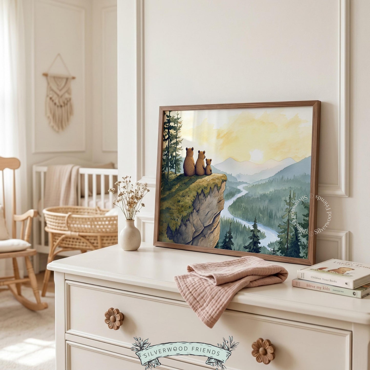 Bear mountain vista poster printable for woodland nursery — tranquil watercolor with layered mountain ranges