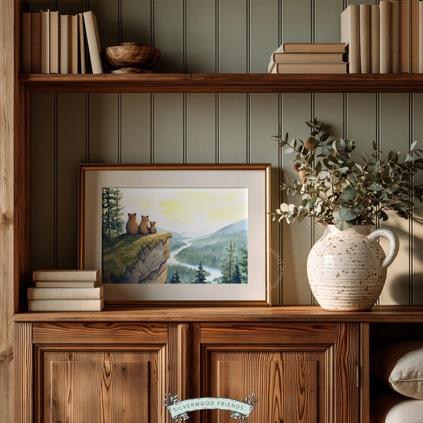 Three bears wall art printable for cabin decor — soft-hued nature scene with sweeping valley vista