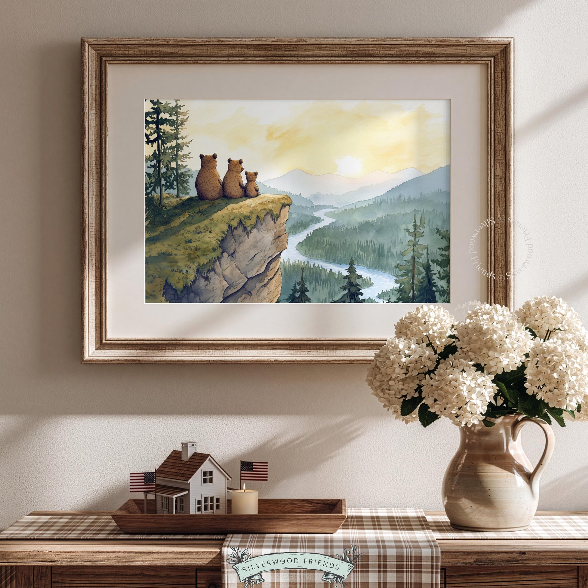 Rocky cliff bear painting for forest-themed nursery — misty blue-green peaks with serene river below