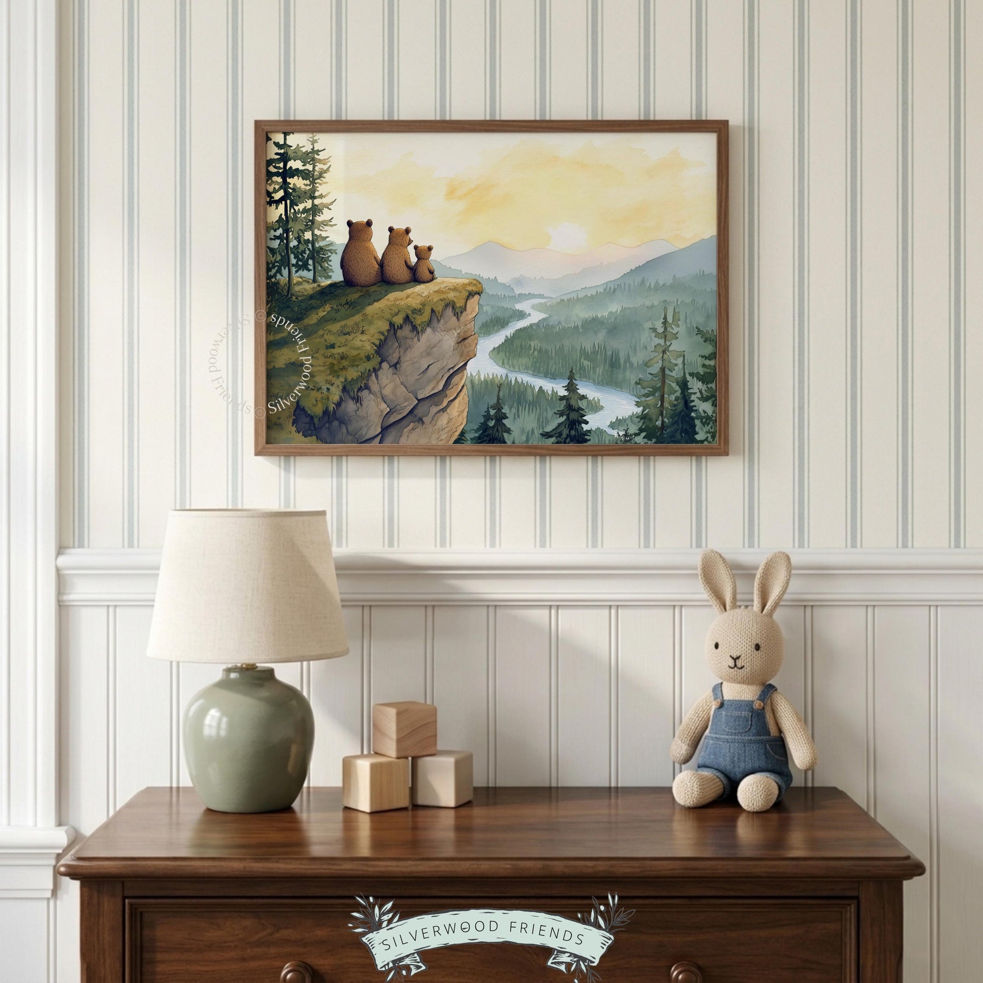 Mountain wildlife picture for nursery wall art — serene watercolor with bears overlooking scenic river gorge