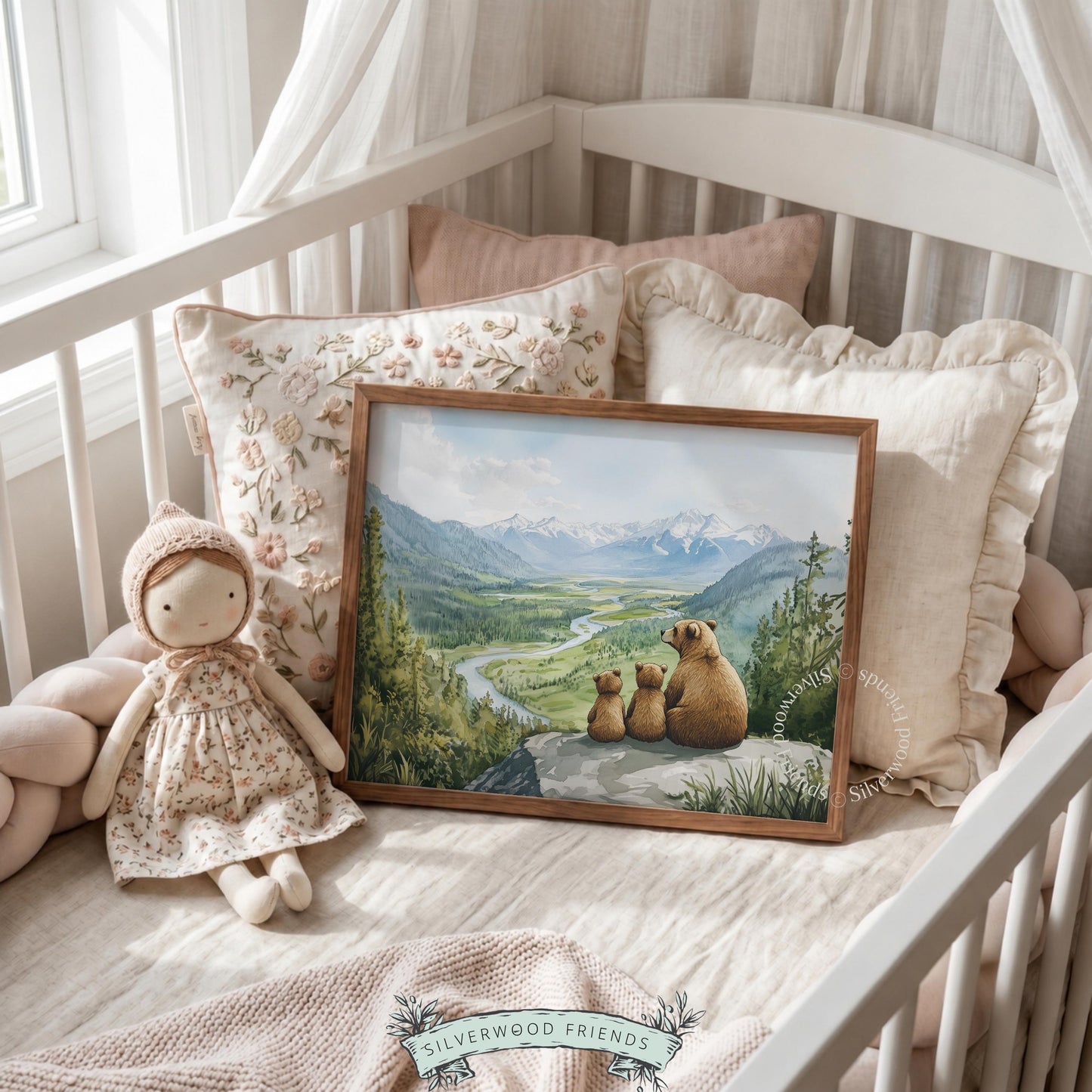 Baby bear artwork for nursery — cozy watercolor scene of bears overlooking snowy mountain ranges