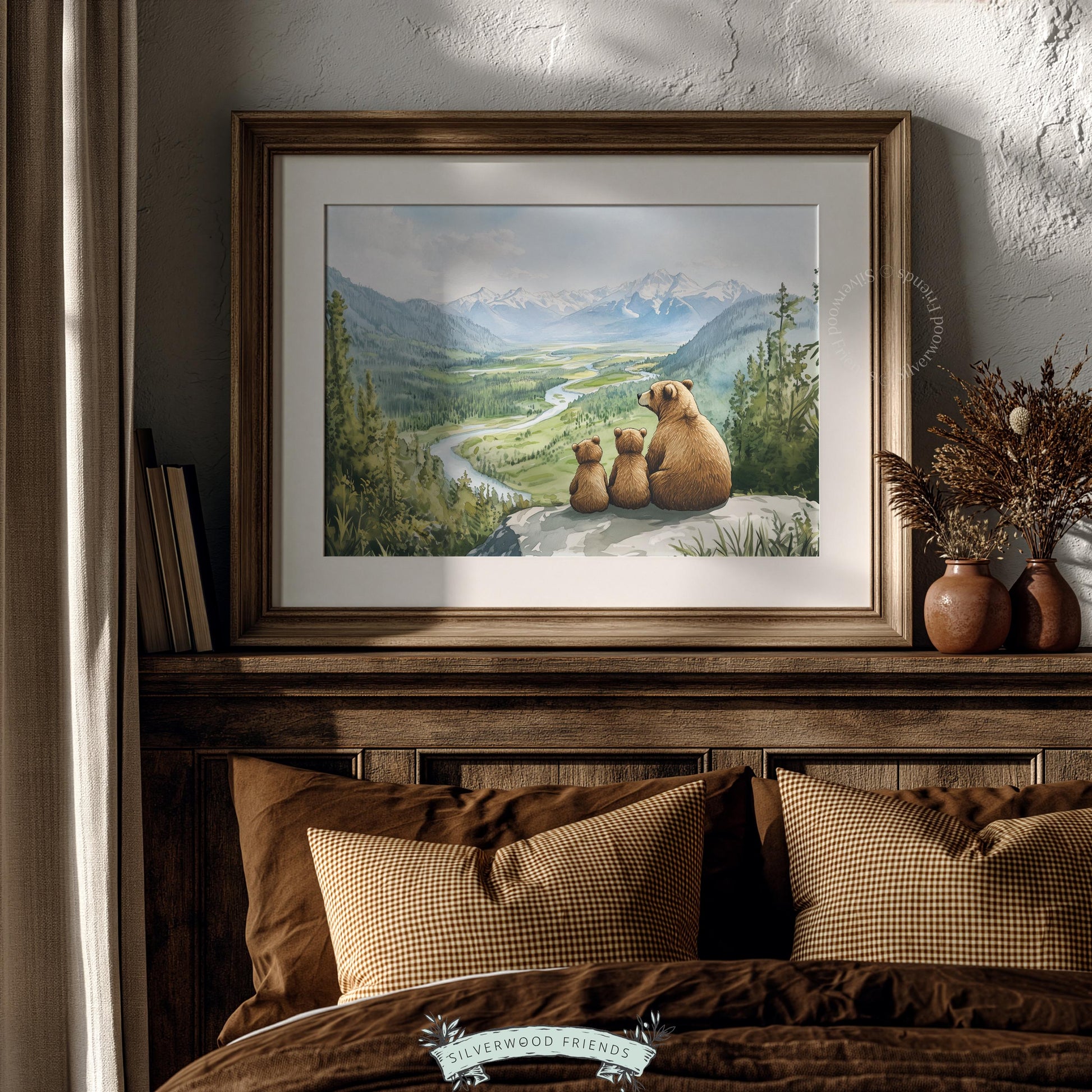 Woodland bear picture for baby nursery — storybook-style landscape with warm, inviting color palette