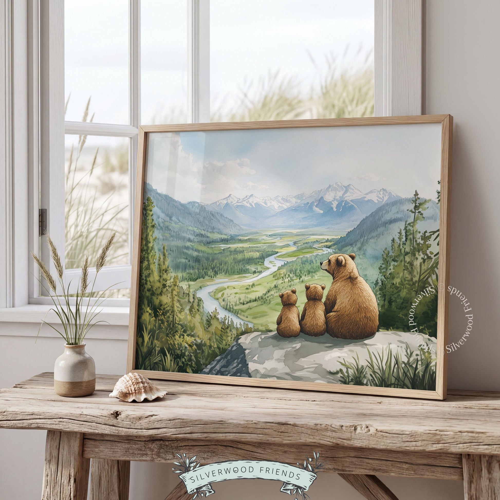 Bear overlook poster for woodland decor — peaceful valley view with mountains, forest, and serene mood