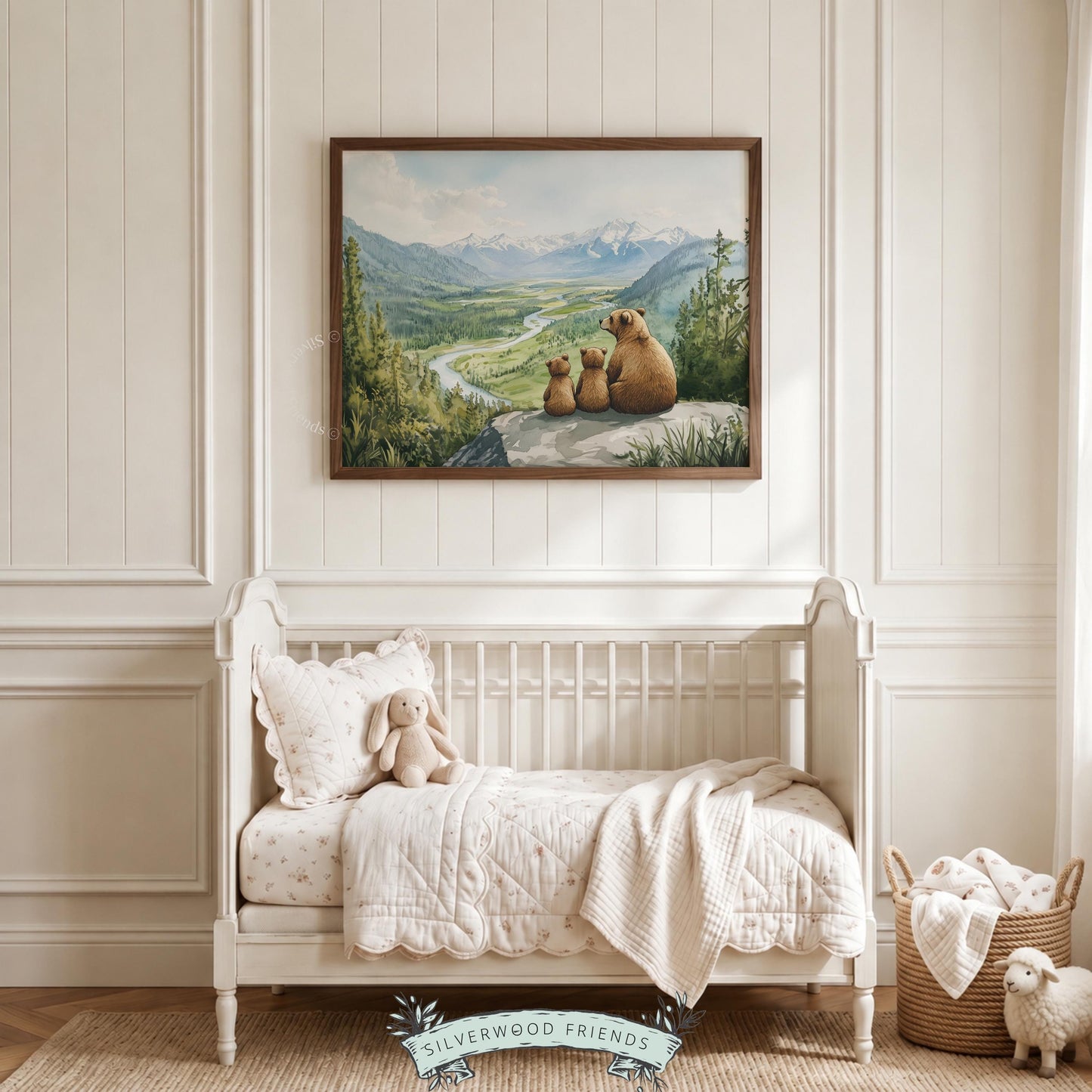 Mountain wildlife poster for baby room — gentle storybook aesthetic with bears overlooking scenic valley