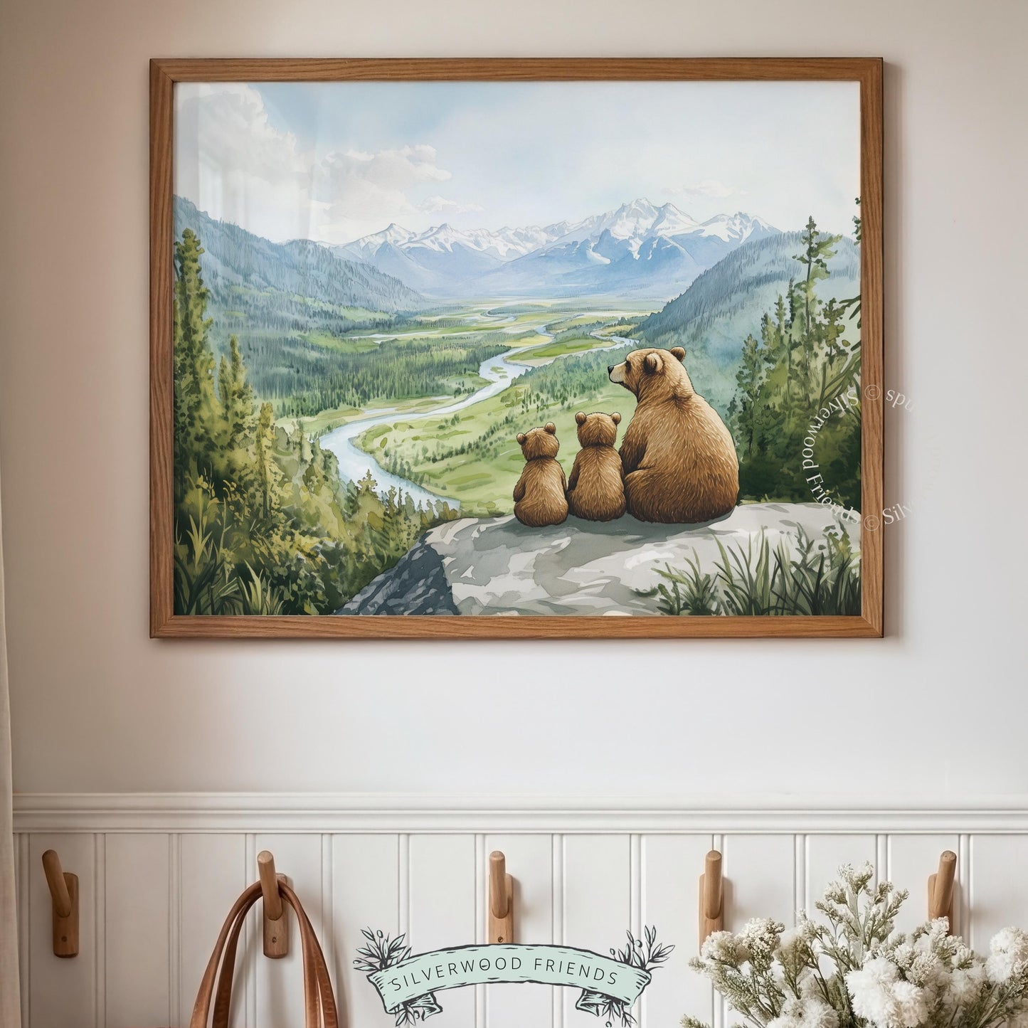 Cubs and mother bear wall art for kids' bedroom — tranquil landscape with winding river and lush greenery