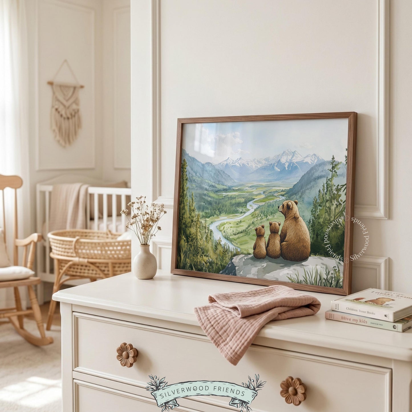 Cubs and mother bear artwork for nursery — soft watercolor landscape with pine trees and mountains