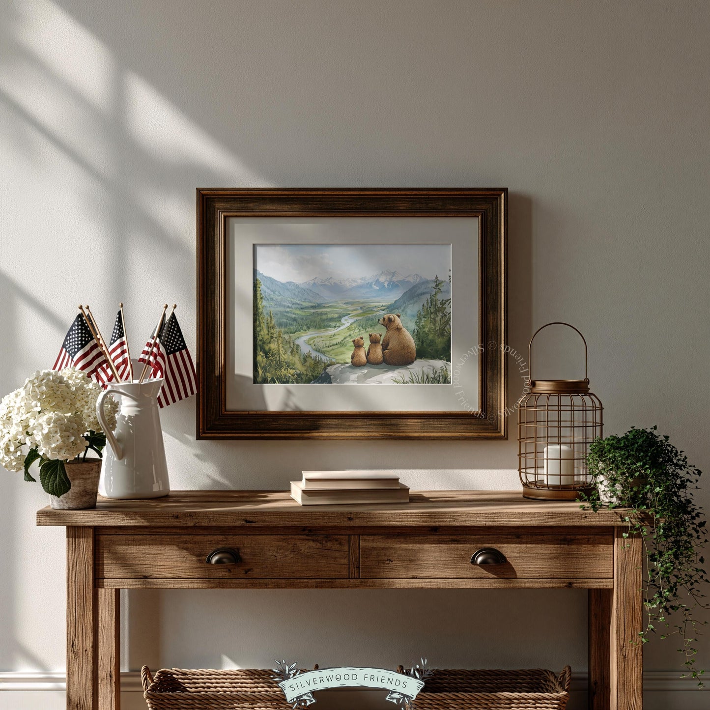 Mountain valley wall art with bear family — rustic woodland aesthetic featuring peaceful nature scene