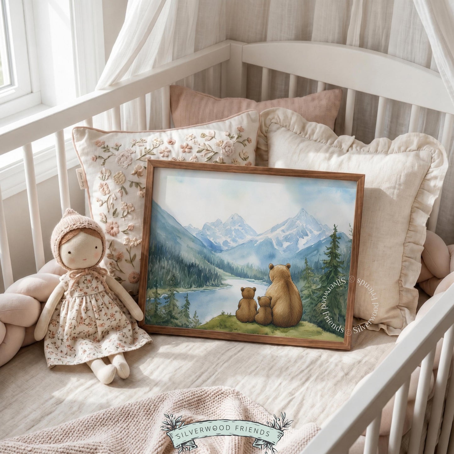 Bear family gazing at landscape digital print for kids' room — soft alpine scenery with forest trees