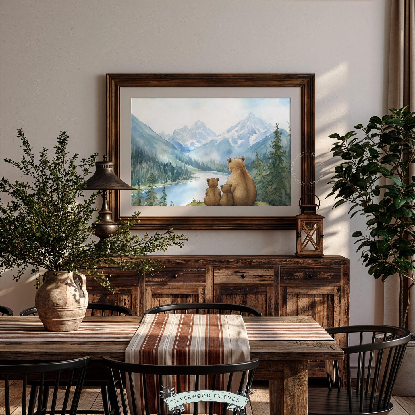 Woodland animal family picture print for nursery wall — muted tones capturing peaceful outdoor moment