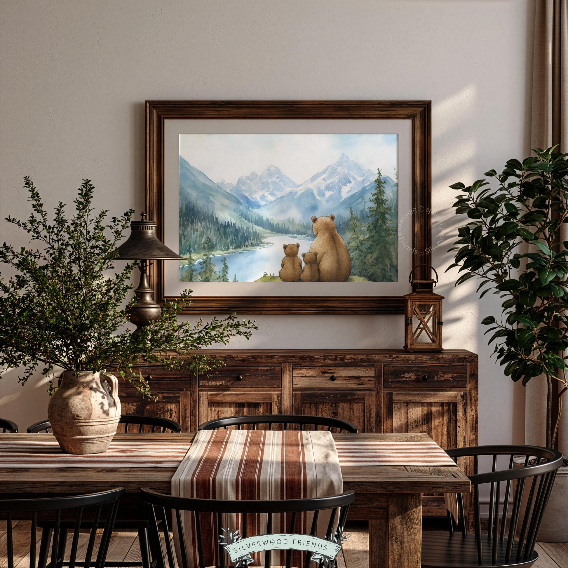 Woodland animal family picture print for nursery wall — muted tones capturing peaceful outdoor moment