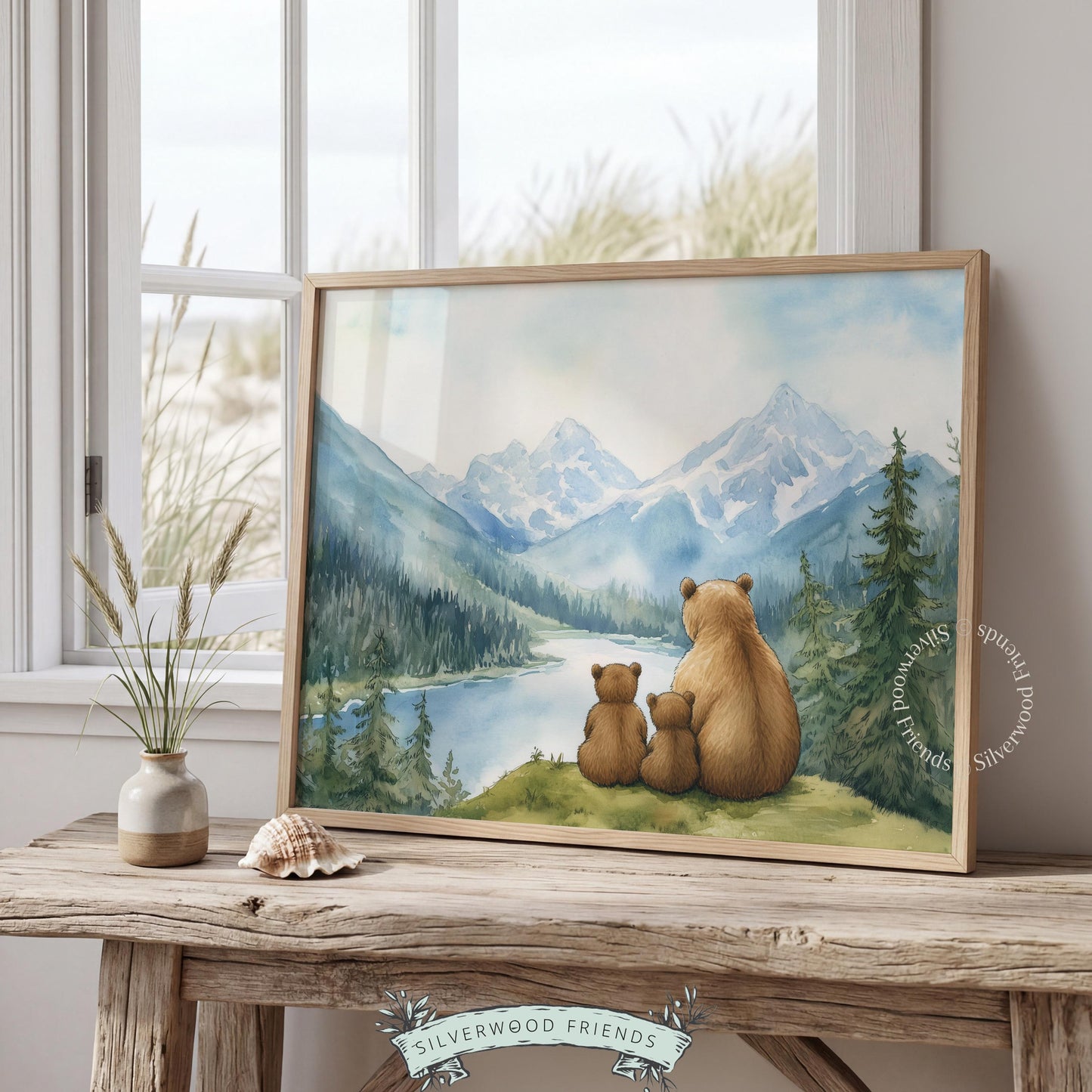 Bear cubs and mother picture instant download — muted watercolor palette with peaceful outdoor setting