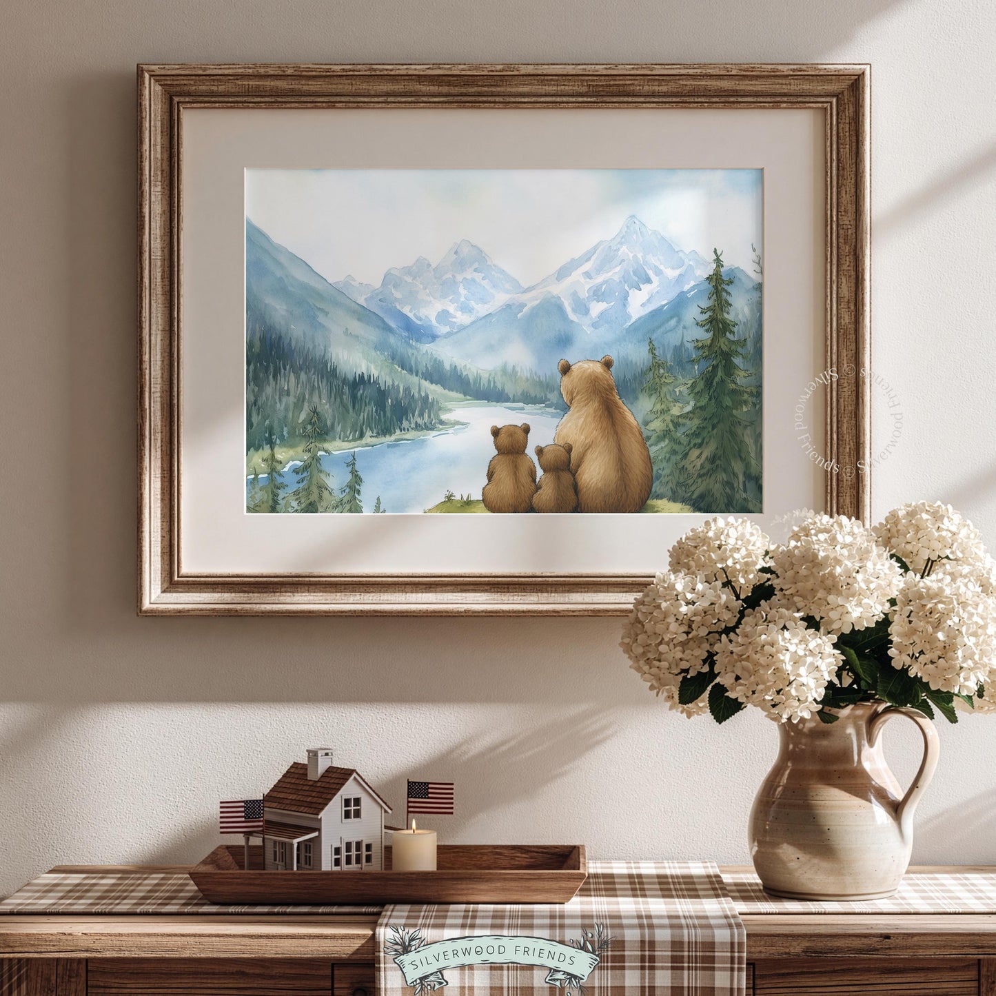 Bear family overlooking nature digital print for woodland theme nursery — quiet landscape with pine trees