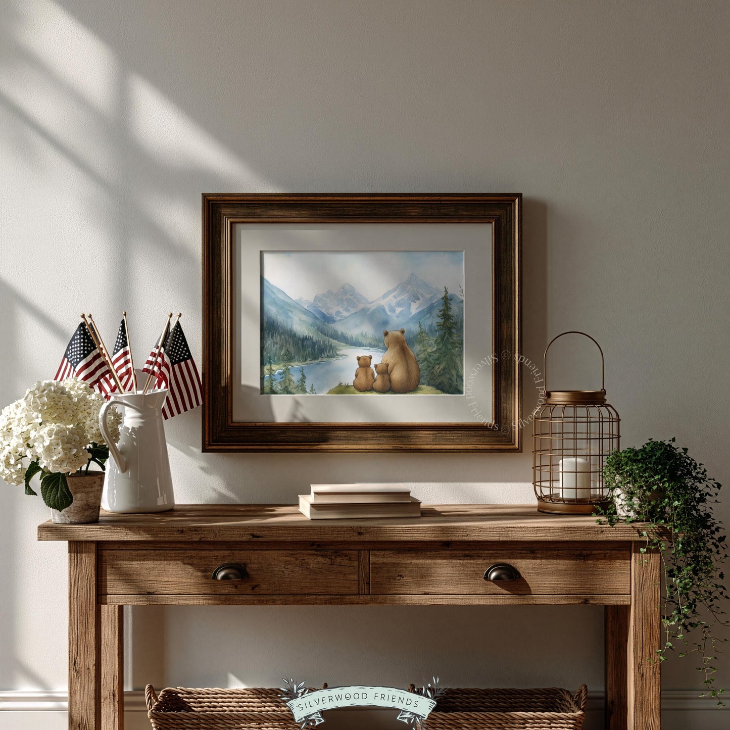Mountain landscape with bear family wall print for baby room — soft natural palette, storybook style illustration