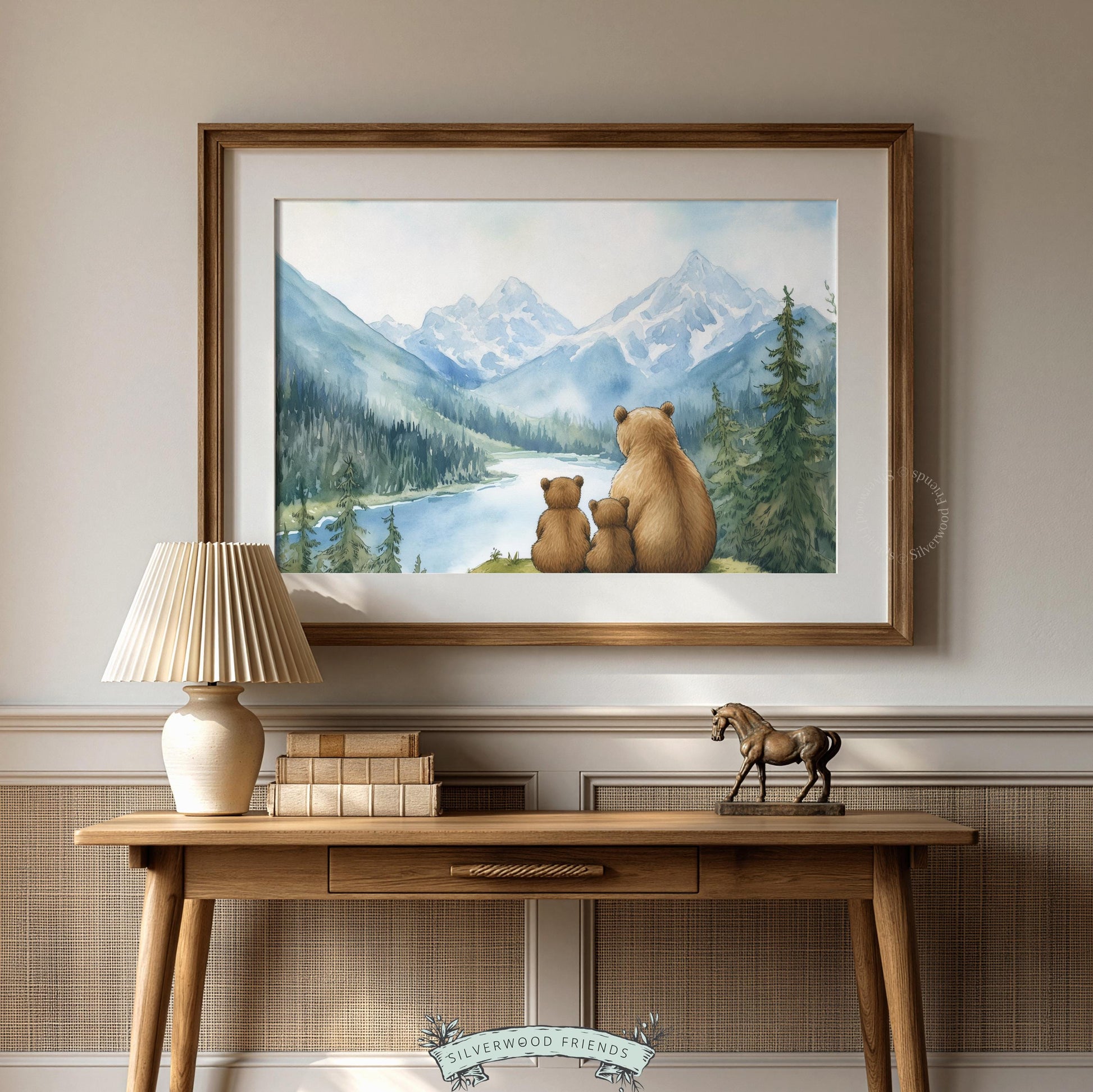 Woodland bear trio art print for nursery — soft blues and greens depicting mountain adventure scene