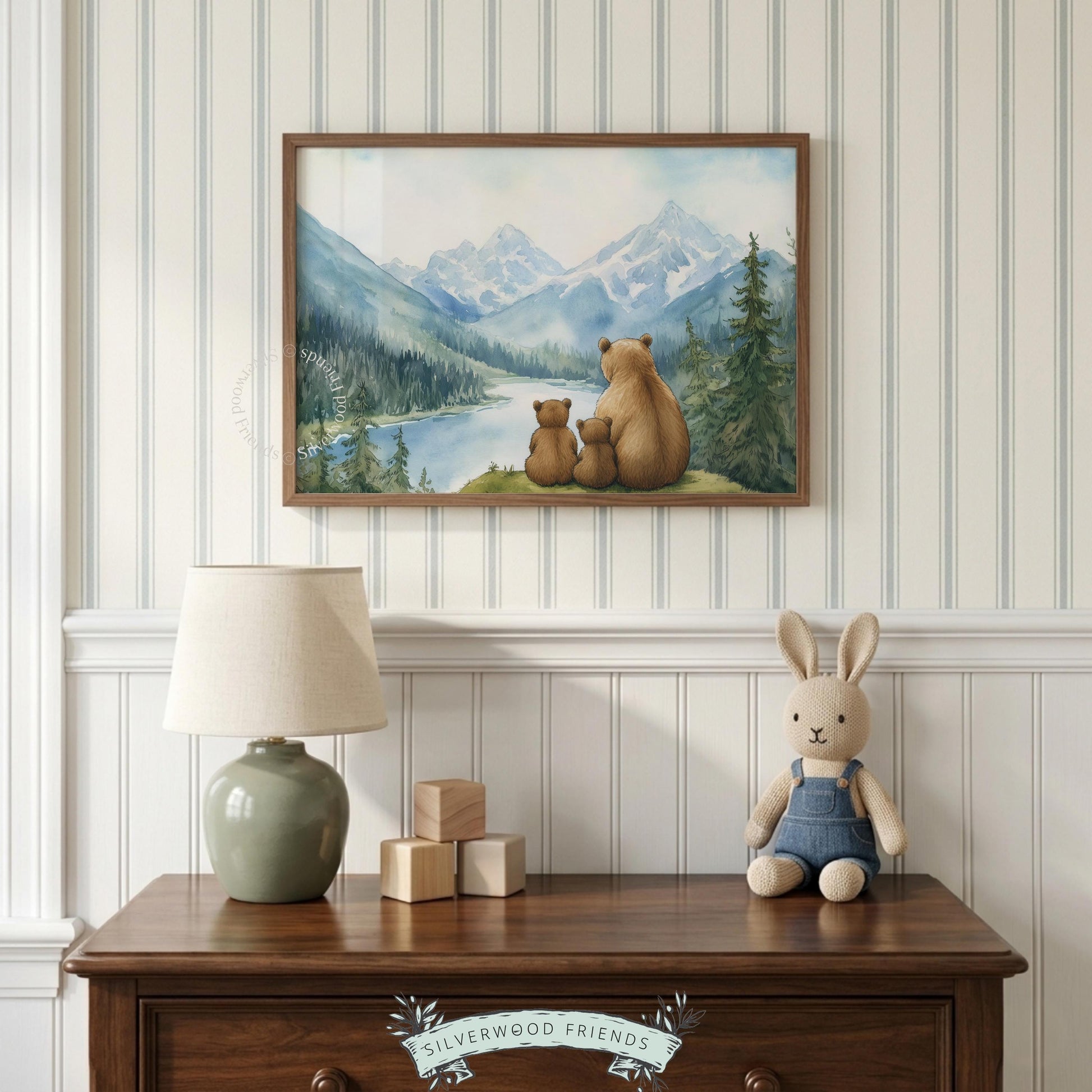 Alpine landscape with bear family wall decor for children's room — calming nature artwork with lake view