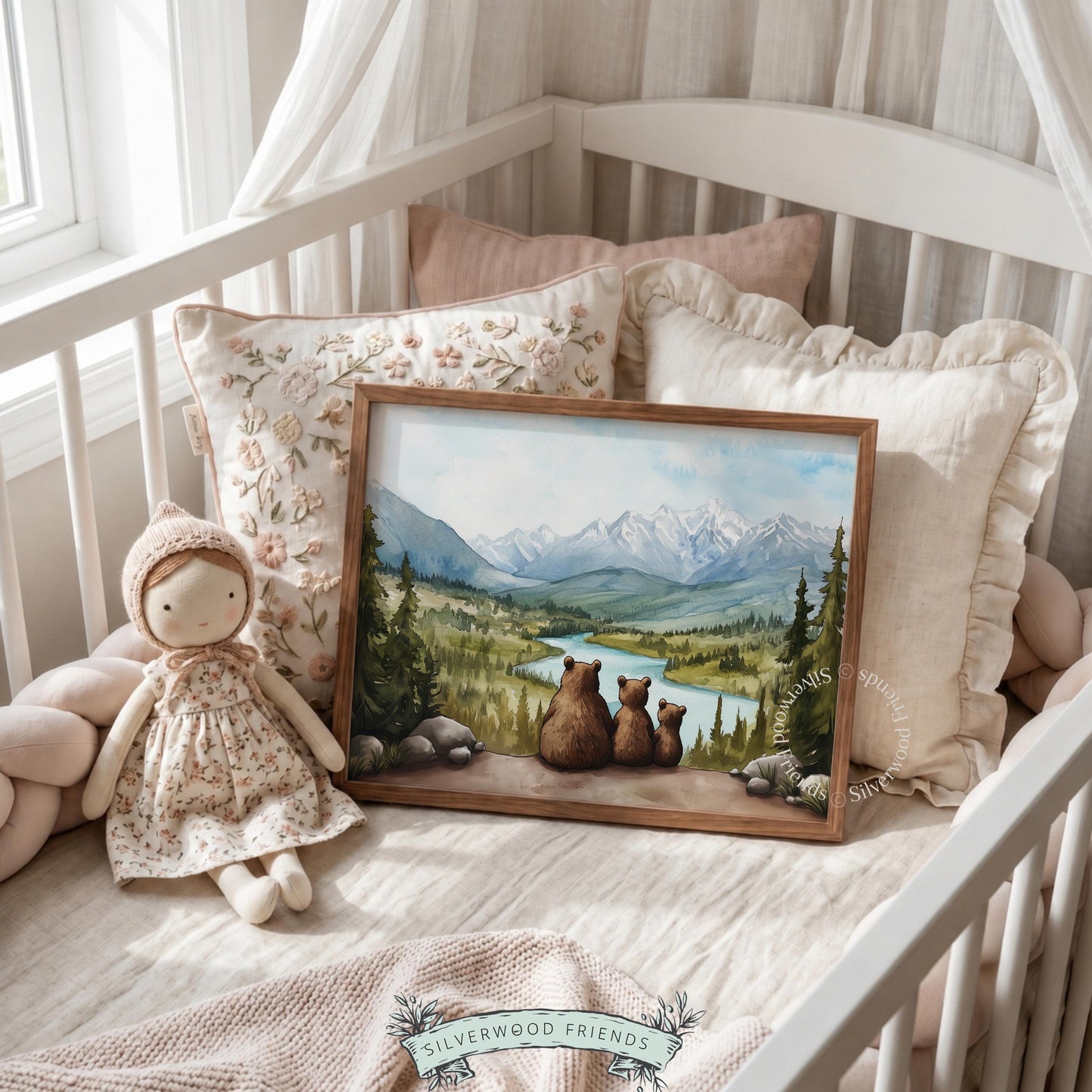 Rustic nursery wall art printable — gentle watercolor bears with cubs admiring forested mountain view
