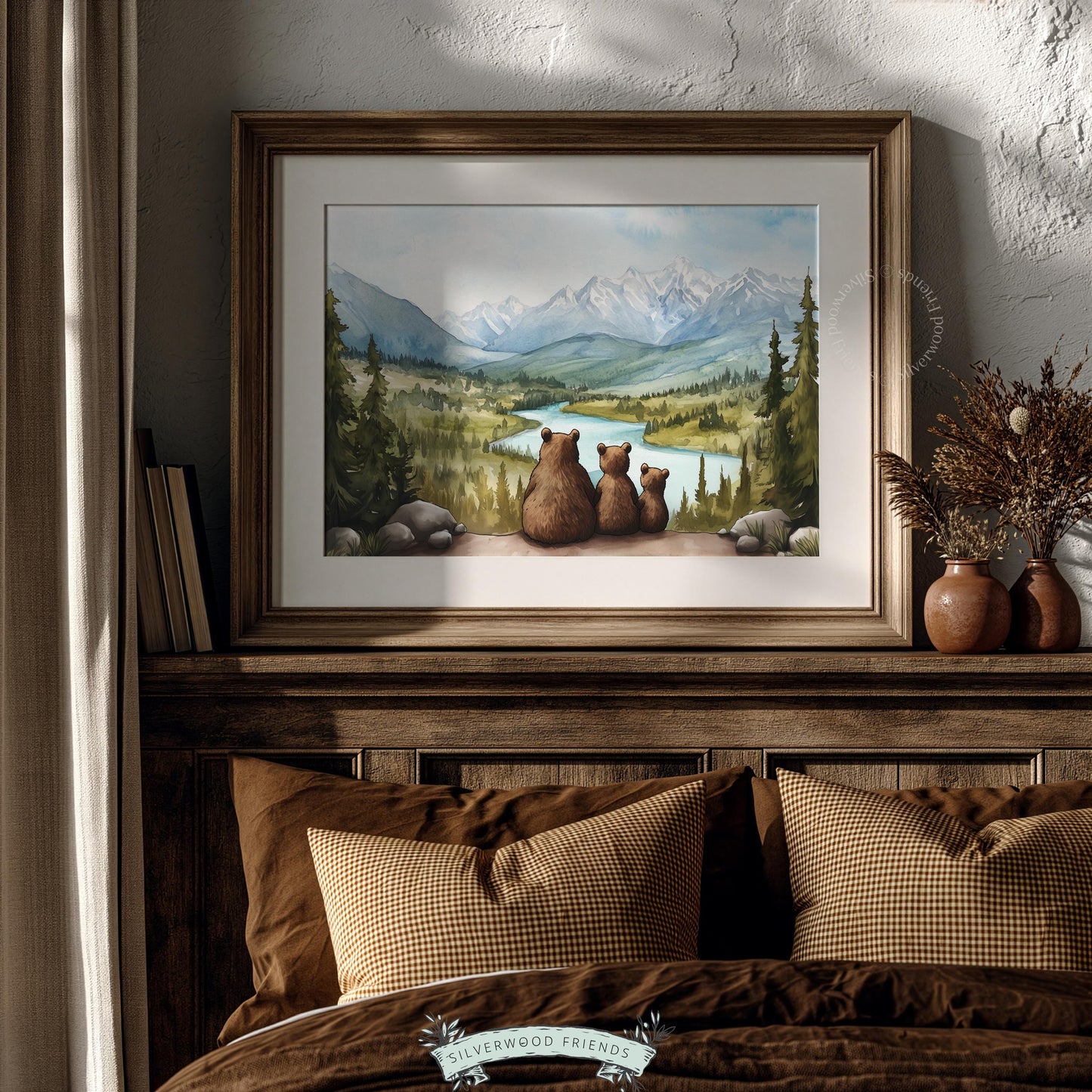 Bear cubs wall art for cabin decor — family of three viewing sweeping alpine landscape with forest