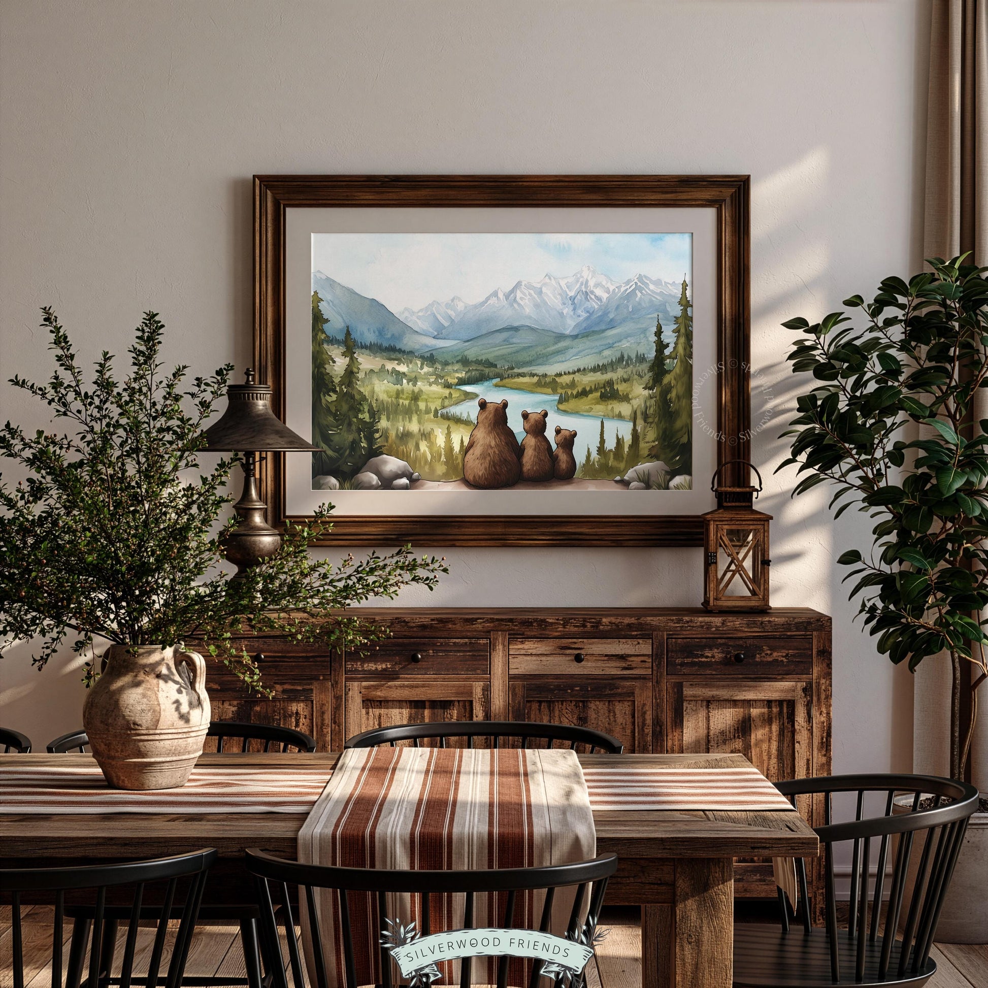 Scenic mountain painting for nursery wall — bear family from behind gazing at natural landscape